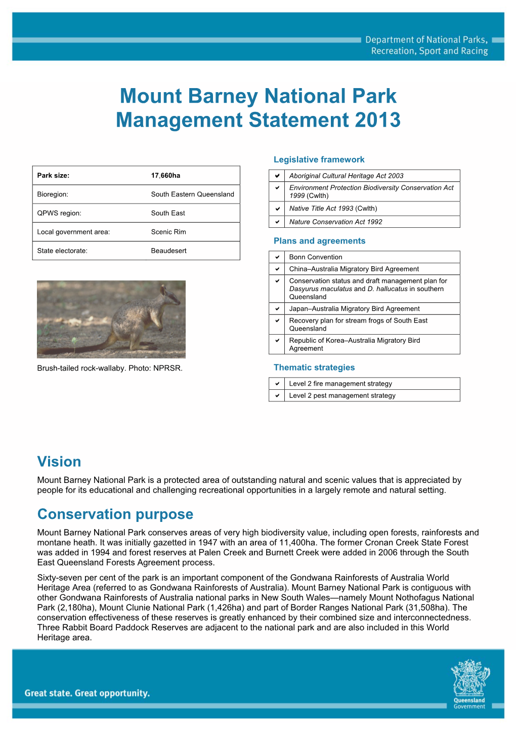 Mount Barney National Park Management Statement 2013