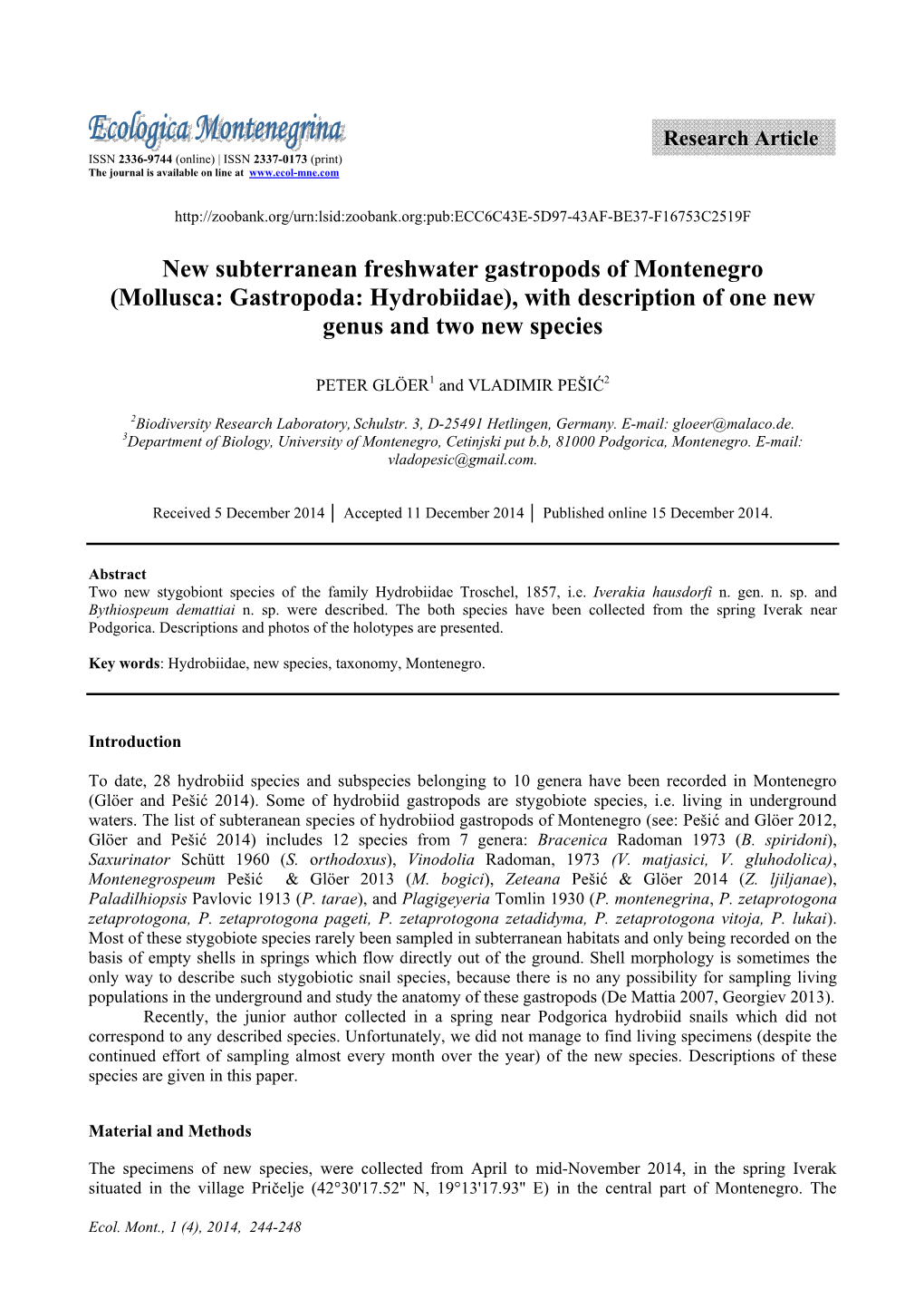 New Subterranean Freshwater Gastropods of Montenegro (Mollusca: Gastropoda: Hydrobiidae), with Description of One New Genus and Two New Species