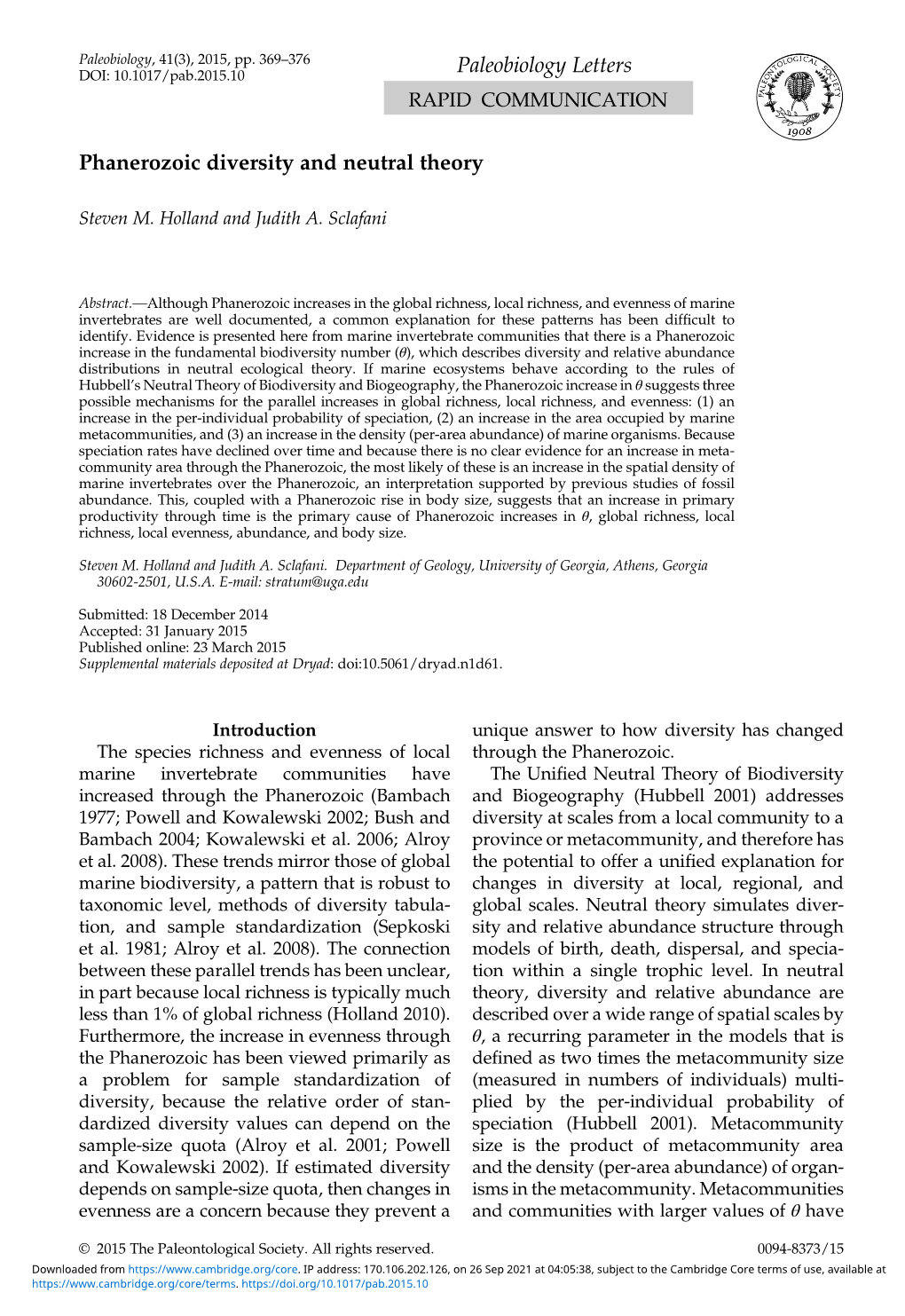 Phanerozoic Diversity and Neutral Theory Paleobiology Letters