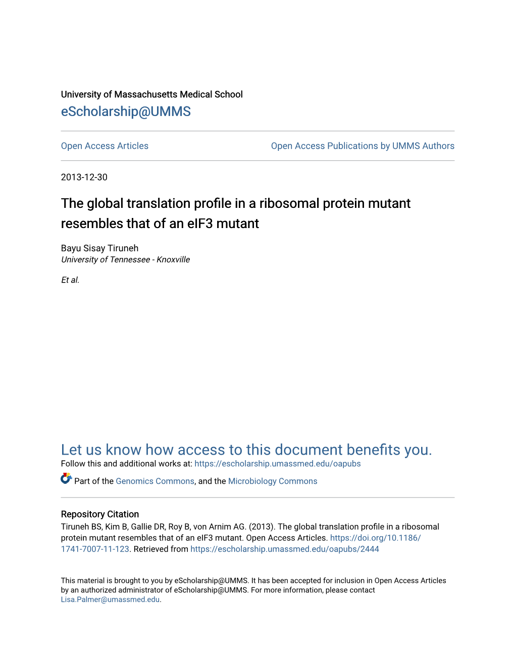 The Global Translation Profile in a Ribosomal Protein Mutant Resembles That of an Eif3 Mutant