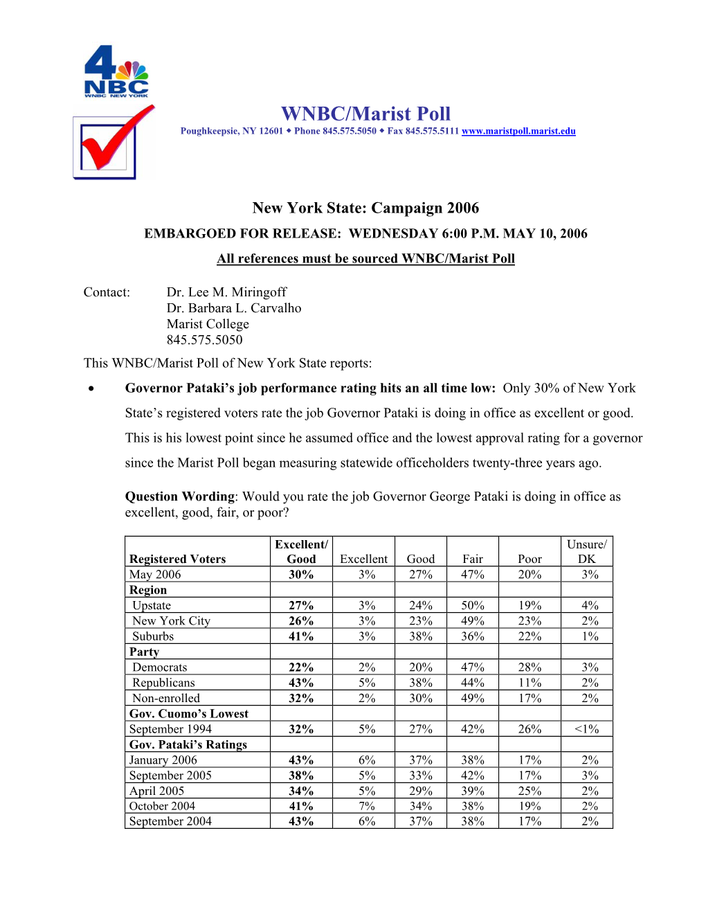 WNBC/Marist Poll NYS Campaign 2006