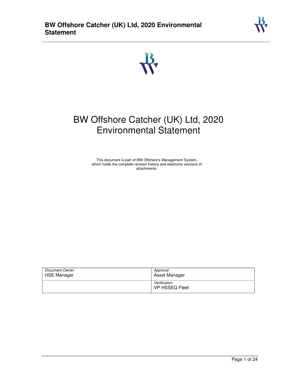 BW Offshore Catcher (UK) Ltd, 2020 Environmental Statement