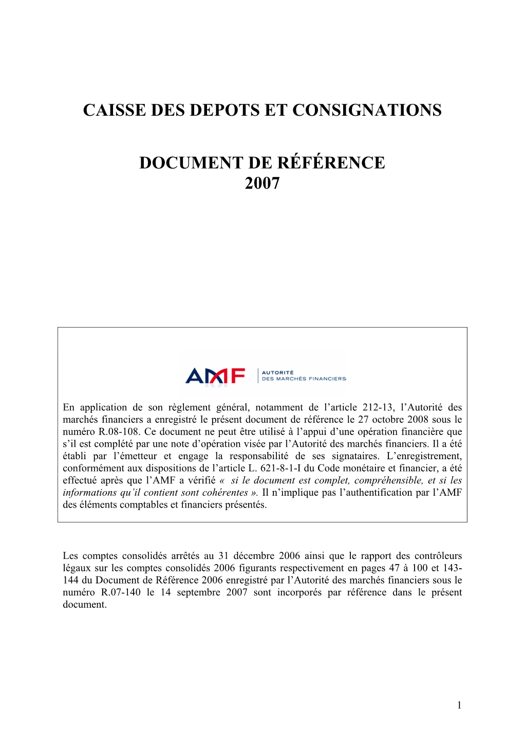 Caisse Des Depots Et Consignations Document De Référence 2007