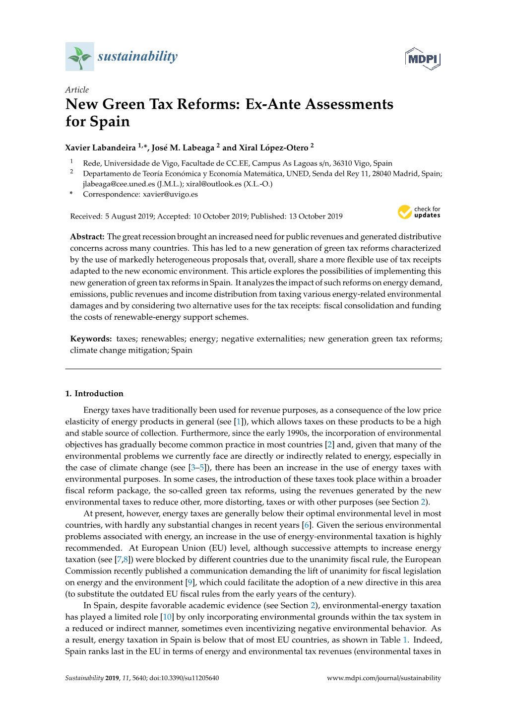 New Green Tax Reforms: Ex-Ante Assessments for Spain