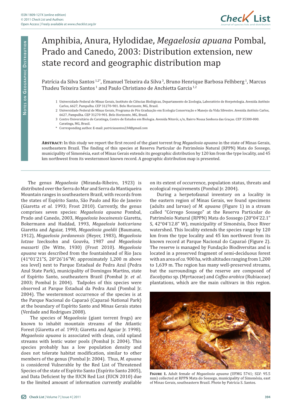 Megaelosia Apuana Pombal, Prado and Canedo, 2003: Distribution Extension, New