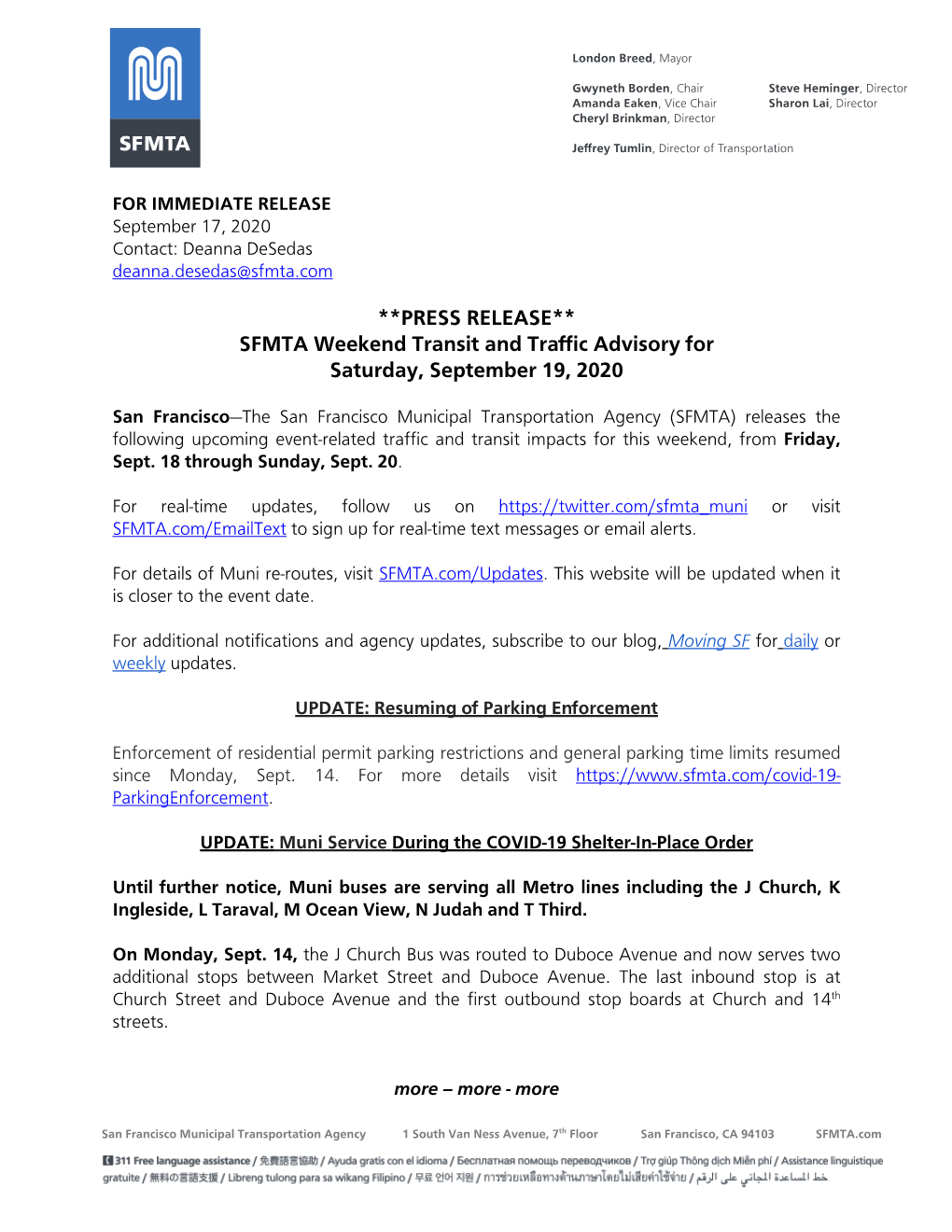 SFMTA Weekend Transit and Traffic Advisory for Saturday, September 19, 2020