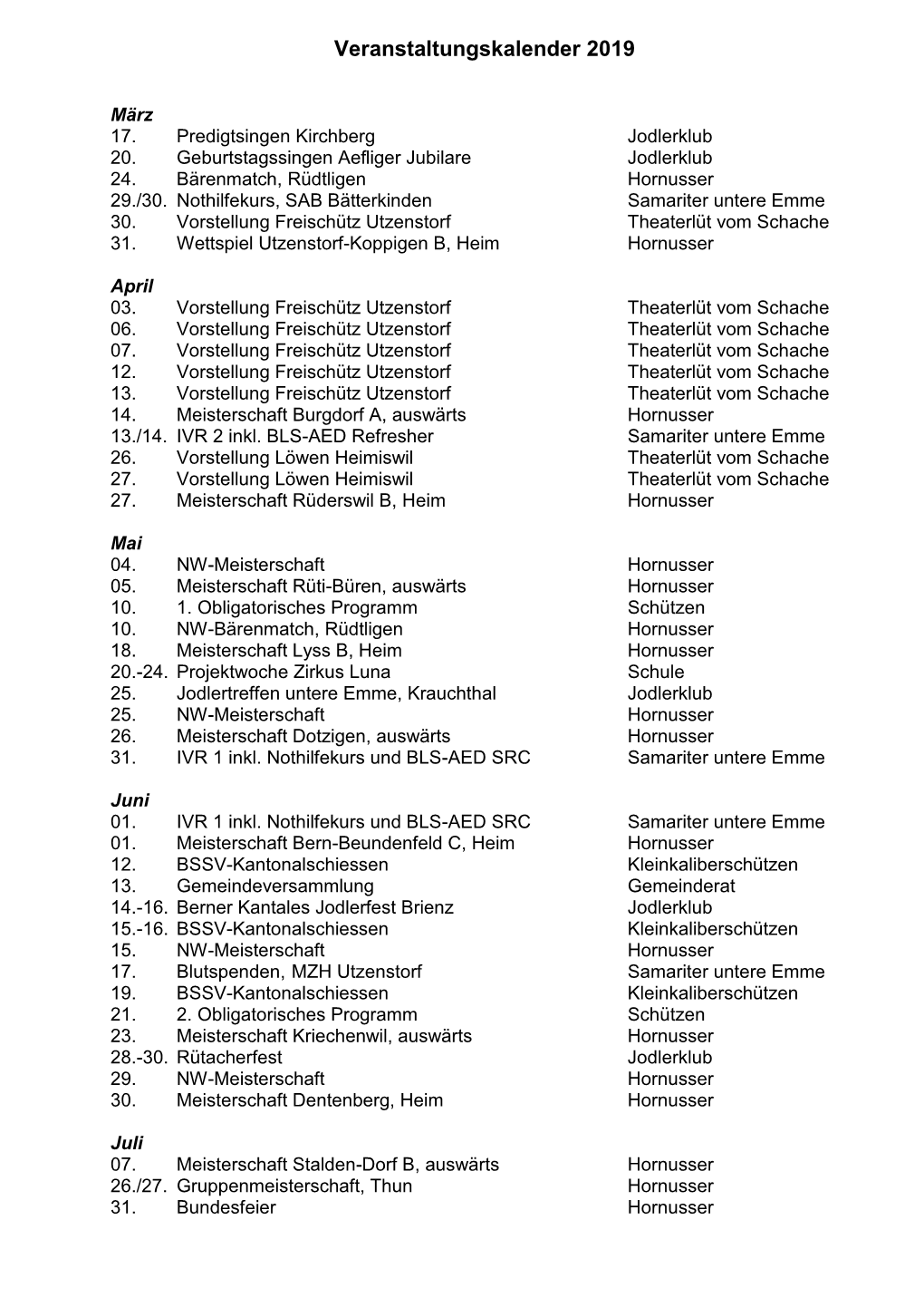 Veranstaltungskalender 2019