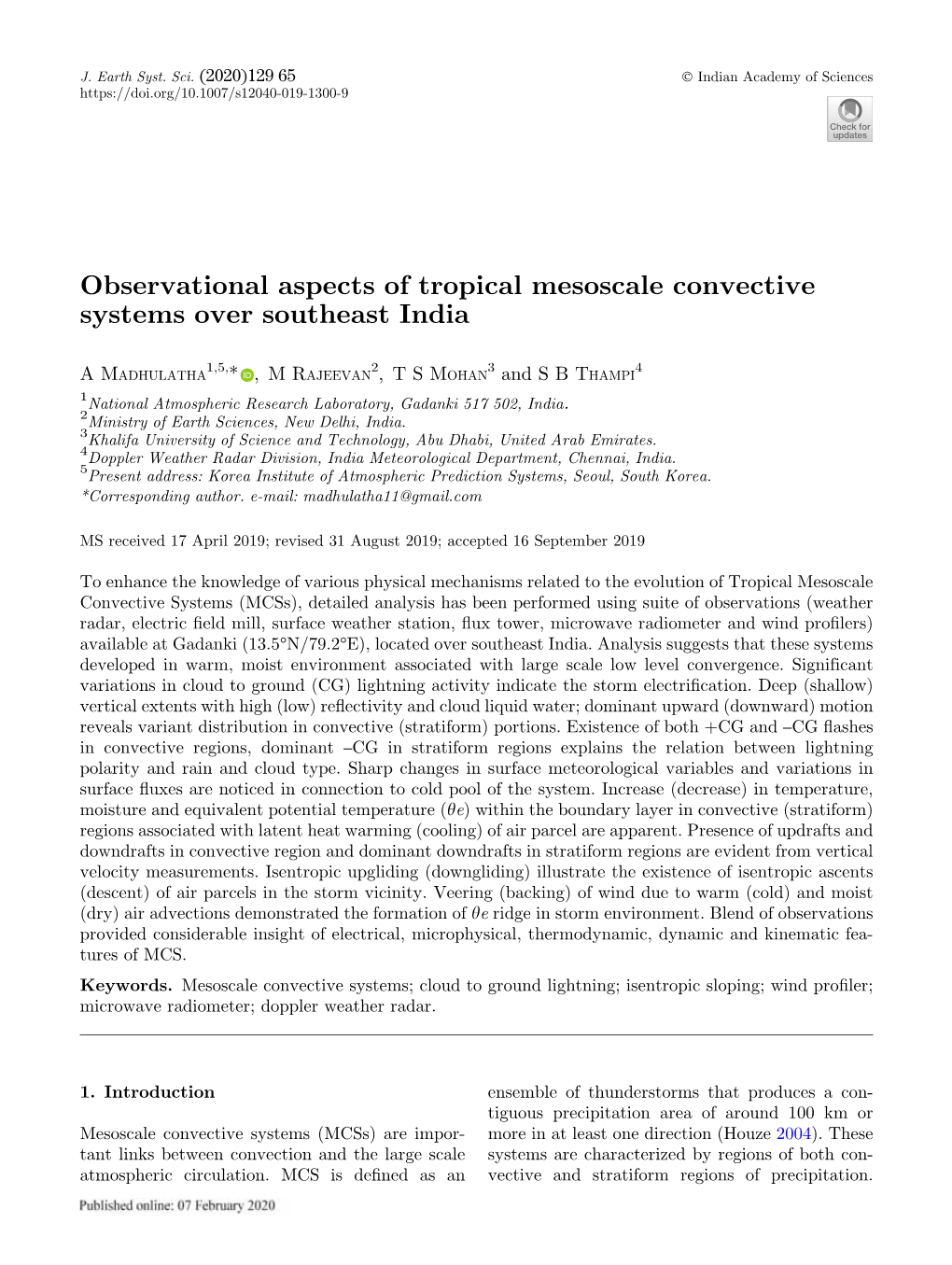 Observational Aspects of Tropical Mesoscale Convective Systems Over Southeast India