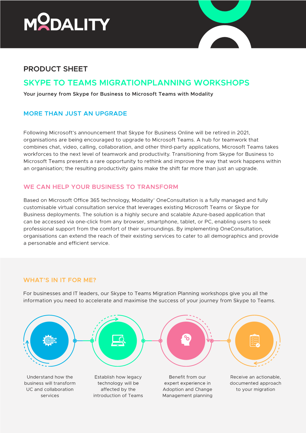 PRODUCT SHEET SKYPE to TEAMS MIGRATIONPLANNING WORKSHOPS Your Journey from Skype for Business to Microsoft Teams with Modality