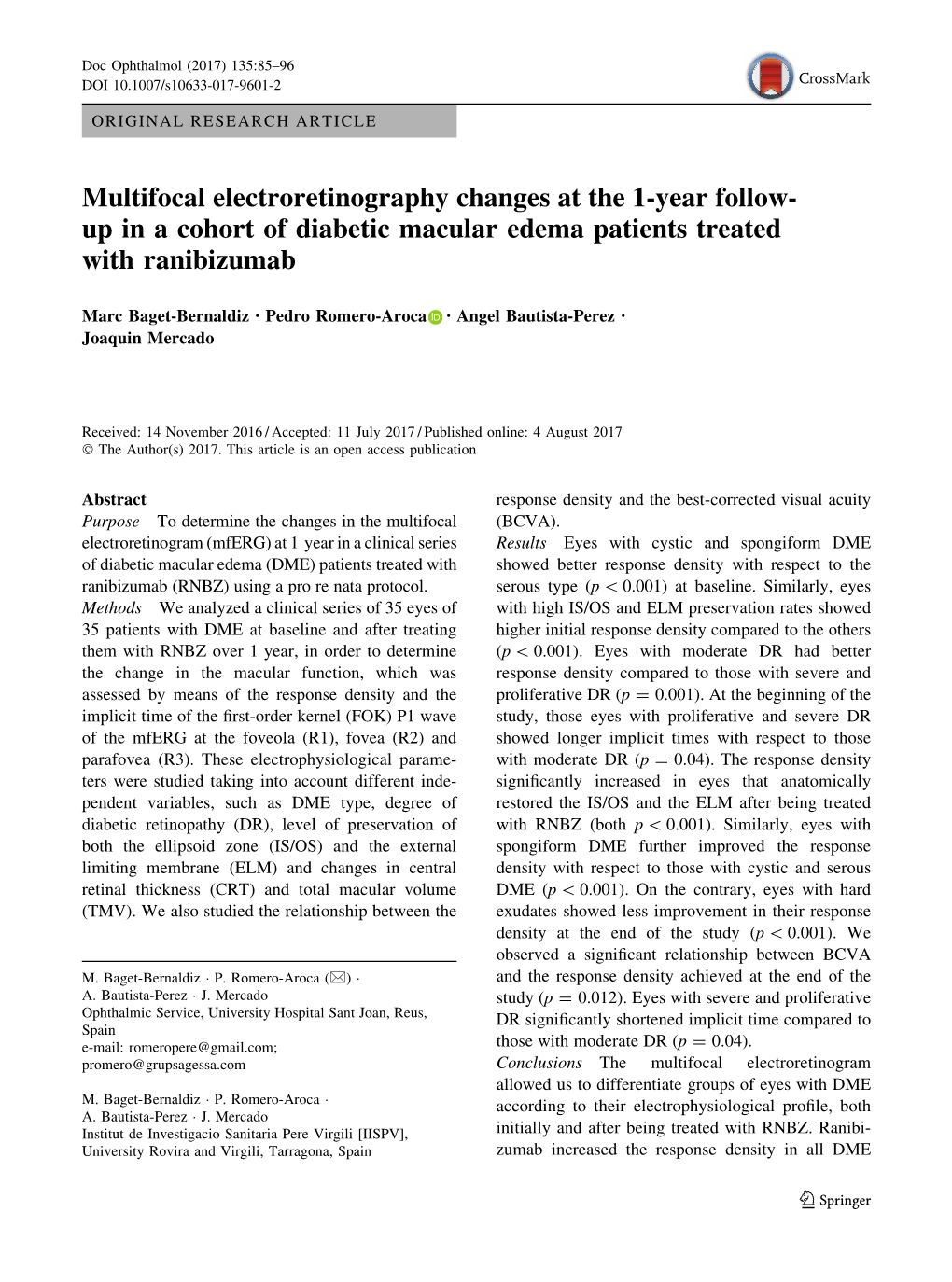 Multifocal Electroretinography Changes at the 1-Year Follow-Up in a Cohort of Diabetic Macular Edema Patients Treated with Ranib