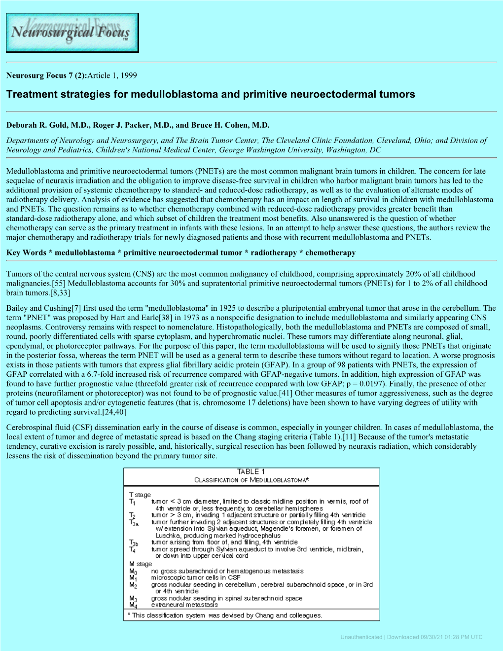 Article 1, 1999 Treatment Strategies for Medulloblastoma and Primitive Neuroectodermal Tumors