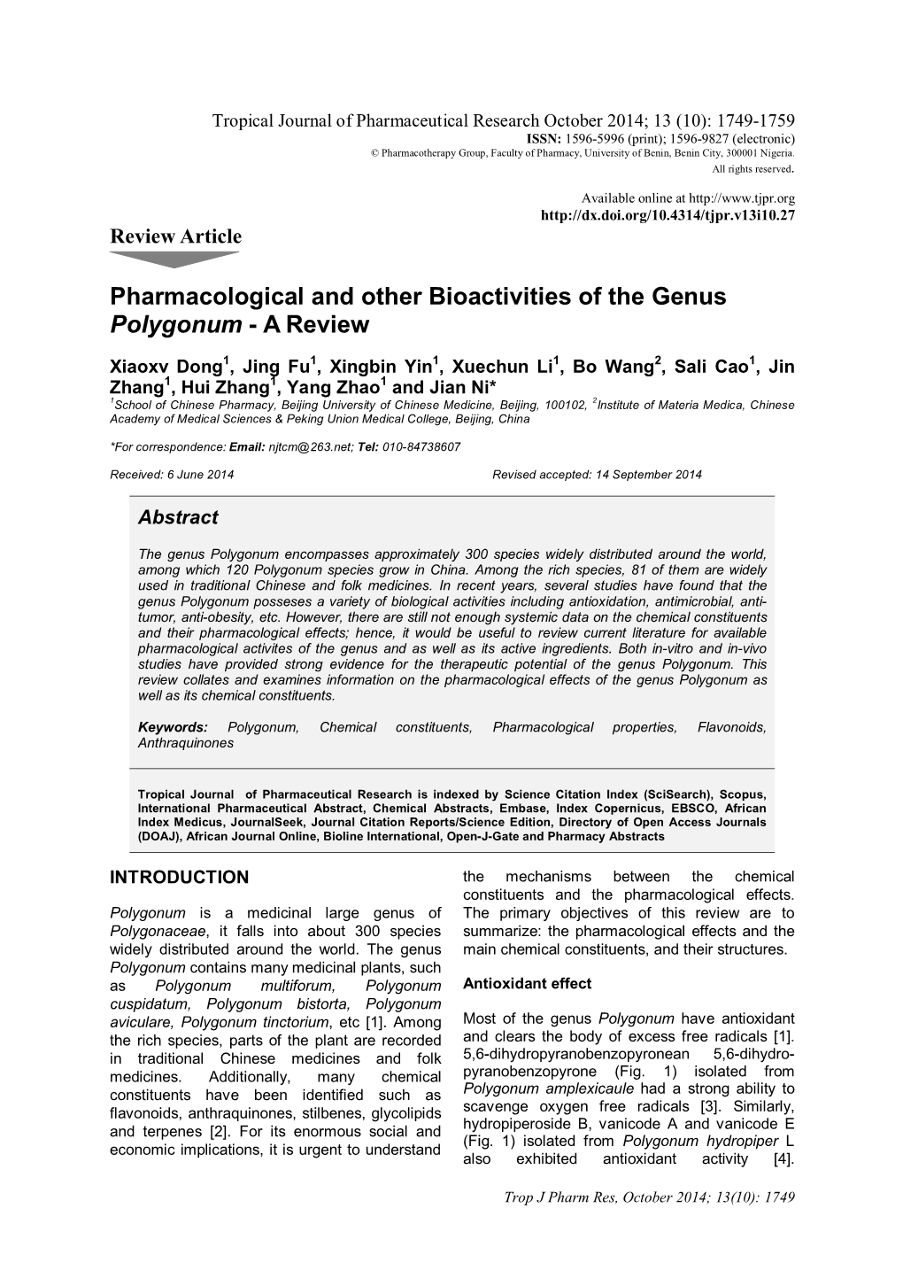 Pharmacological and Other Bioactivities of the Genus Polygonum - a Review