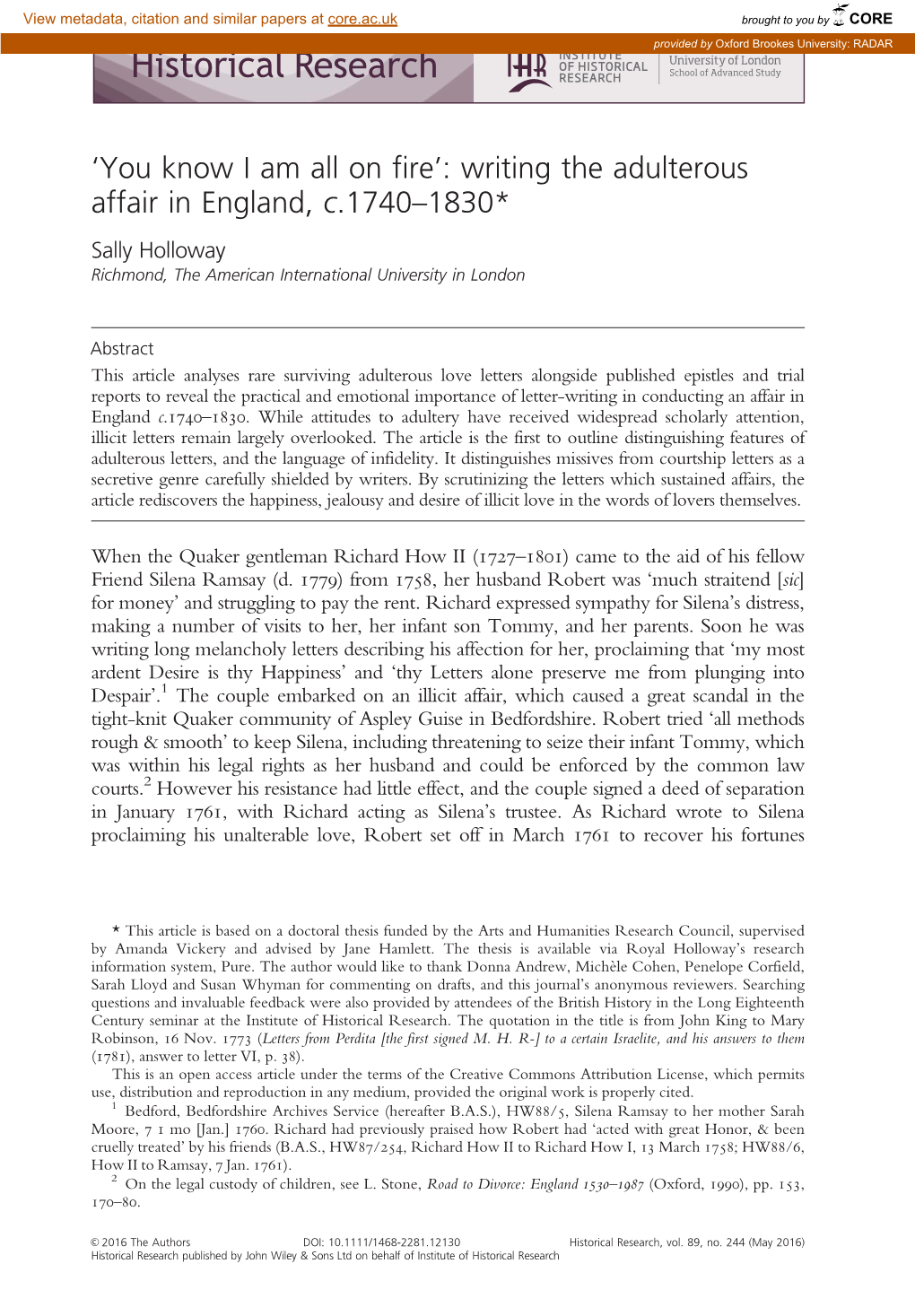 Writing the Adulterous Affair in England, C.1740–1830* Sally Holloway Richmond, the American International University in London