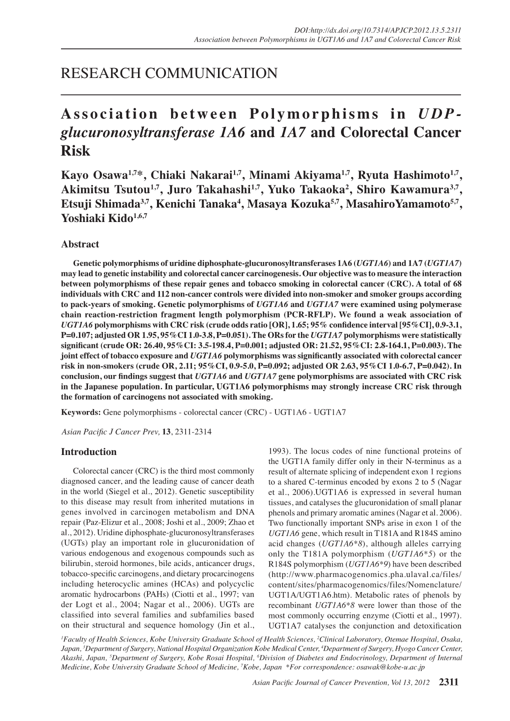 Glucuronosyltransferase 1A6 and 1A7 and Colorectal Cancer Risk