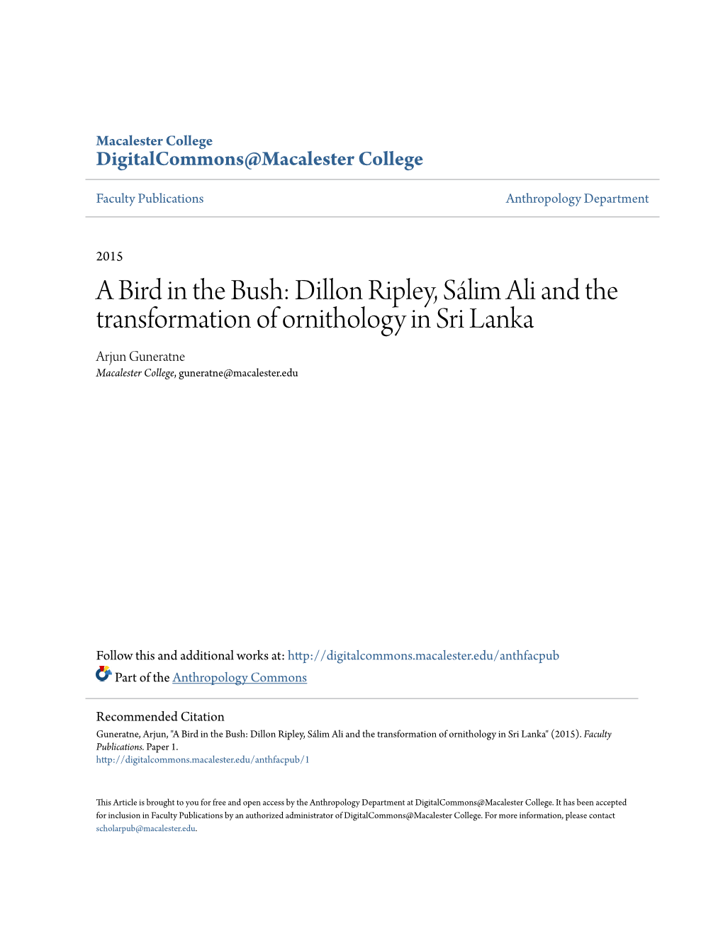 Lim Ali and the Transformation of Ornithology in Sri Lanka Arjun Guneratne Macalester College, Guneratne@Macalester.Edu