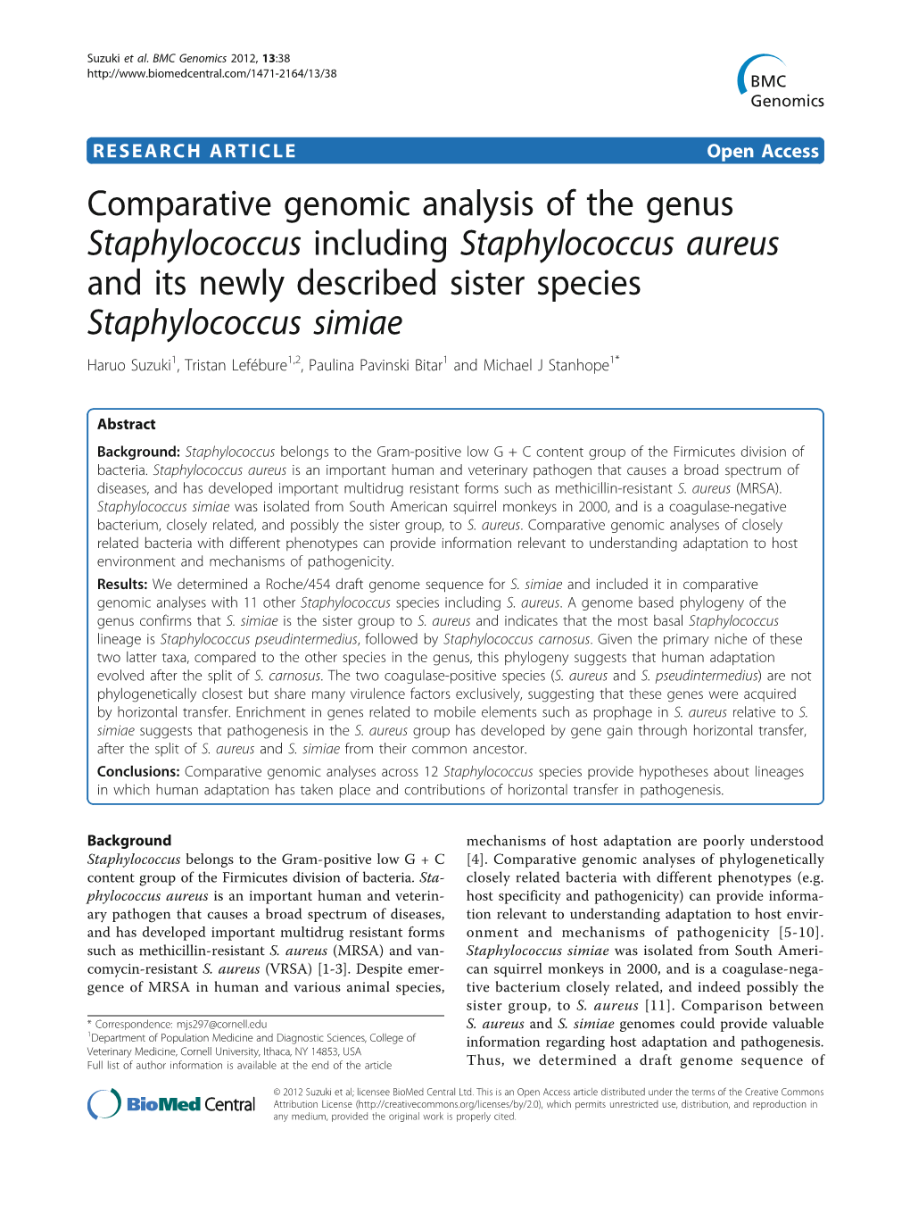 Comparative Genomic Analysis of the Genus Staphylococcus Including