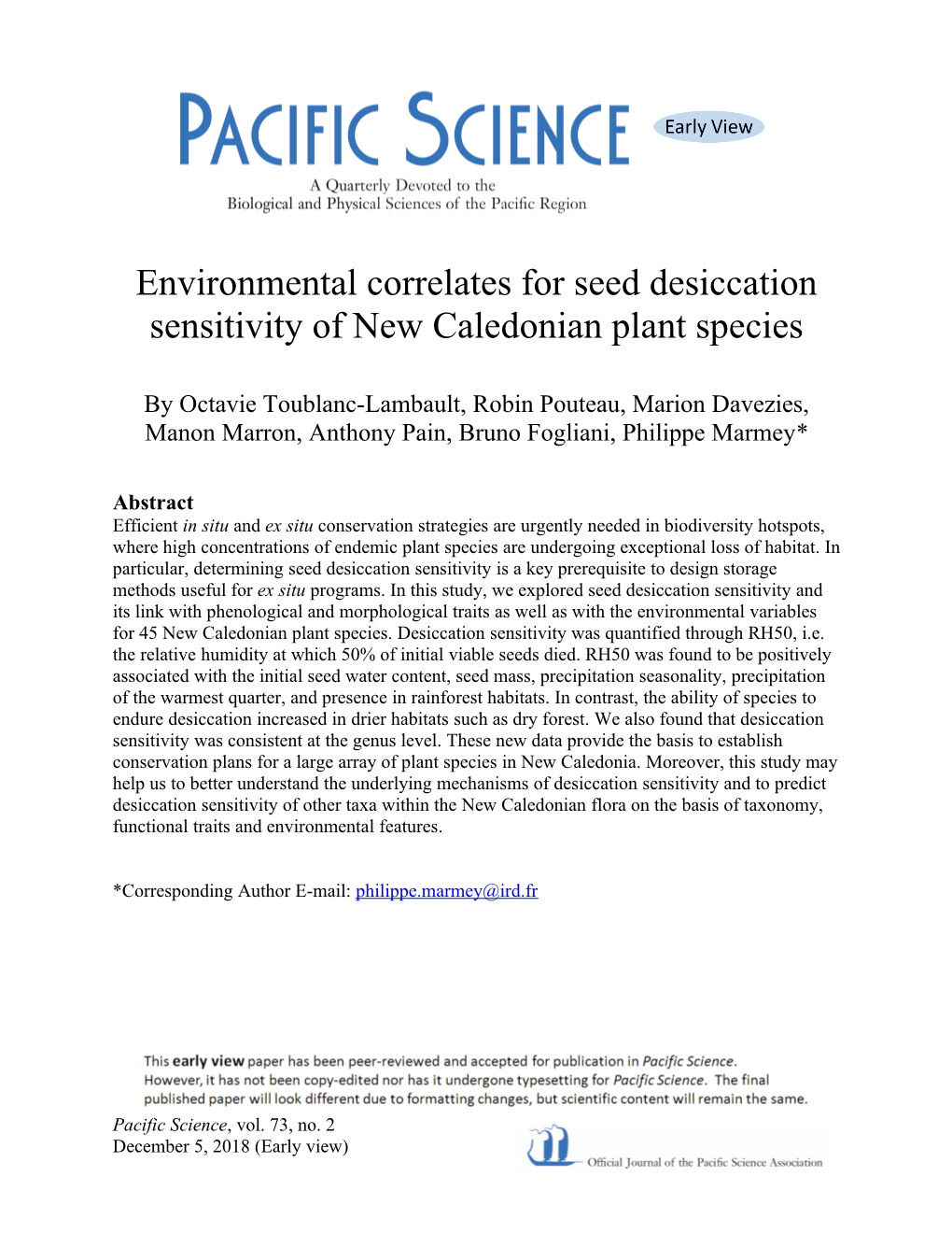Environmental Correlates for Seed Desiccation Sensitivity of New Caledonian Plant Species