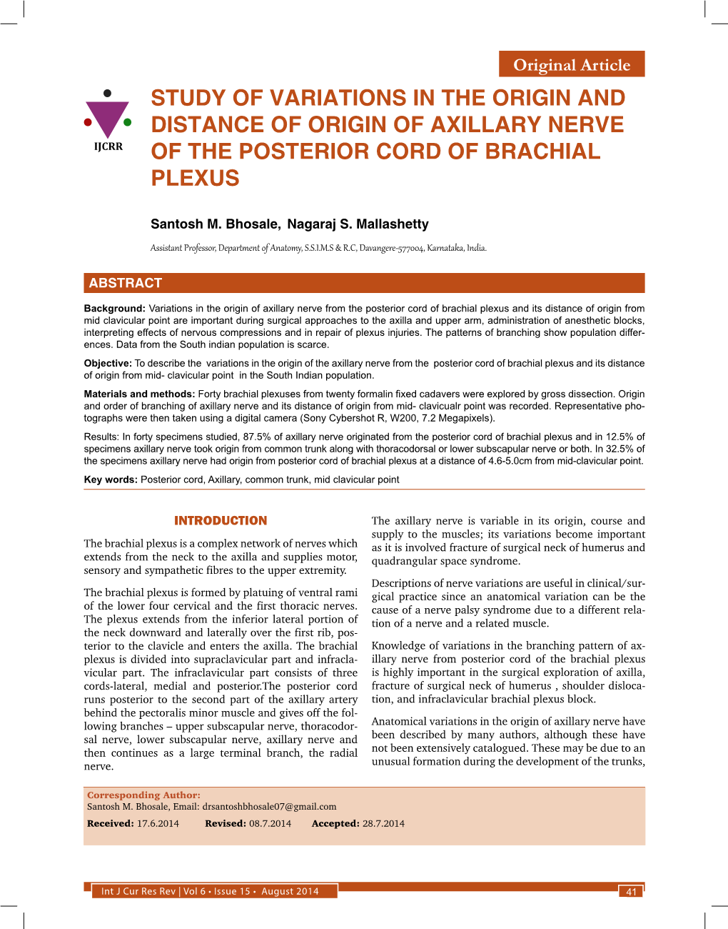 Study of Variations in the Origin and Distance of Origin of Axillary Nerve Ijcrr of the Posterior Cord of Brachial Plexus