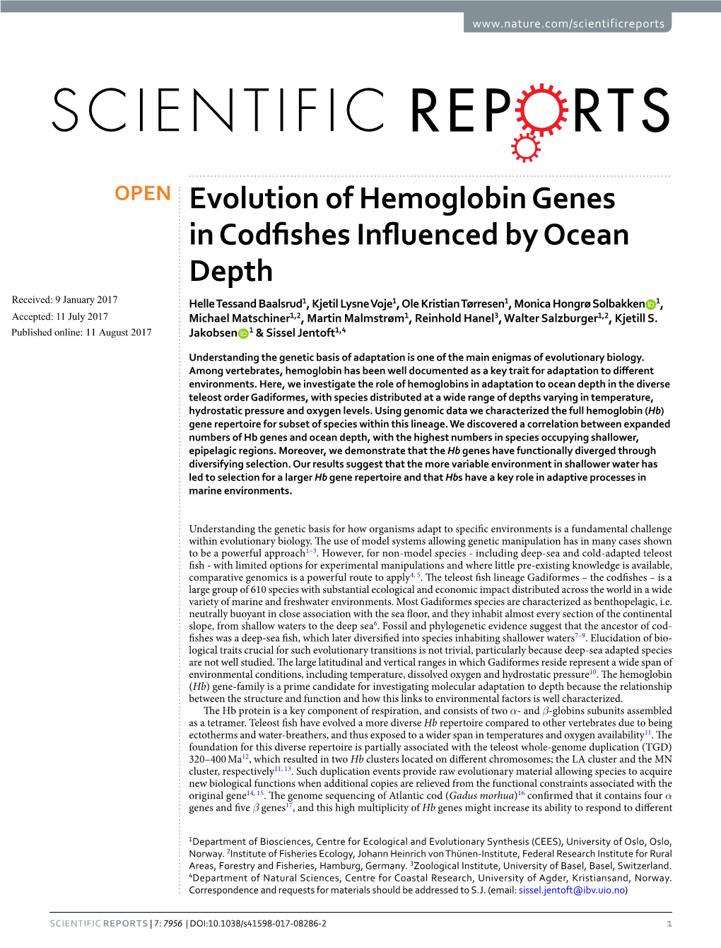 Evolution of Hemoglobin Genes in Codfishes