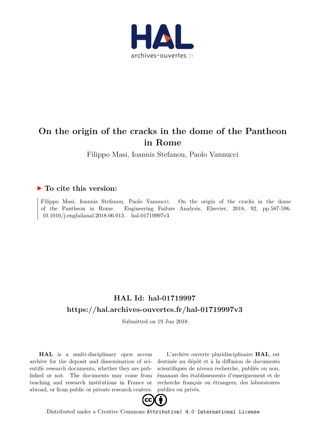 On the Origin of the Cracks in the Dome of the Pantheon in Rome Filippo Masi, Ioannis Stefanou, Paolo Vannucci