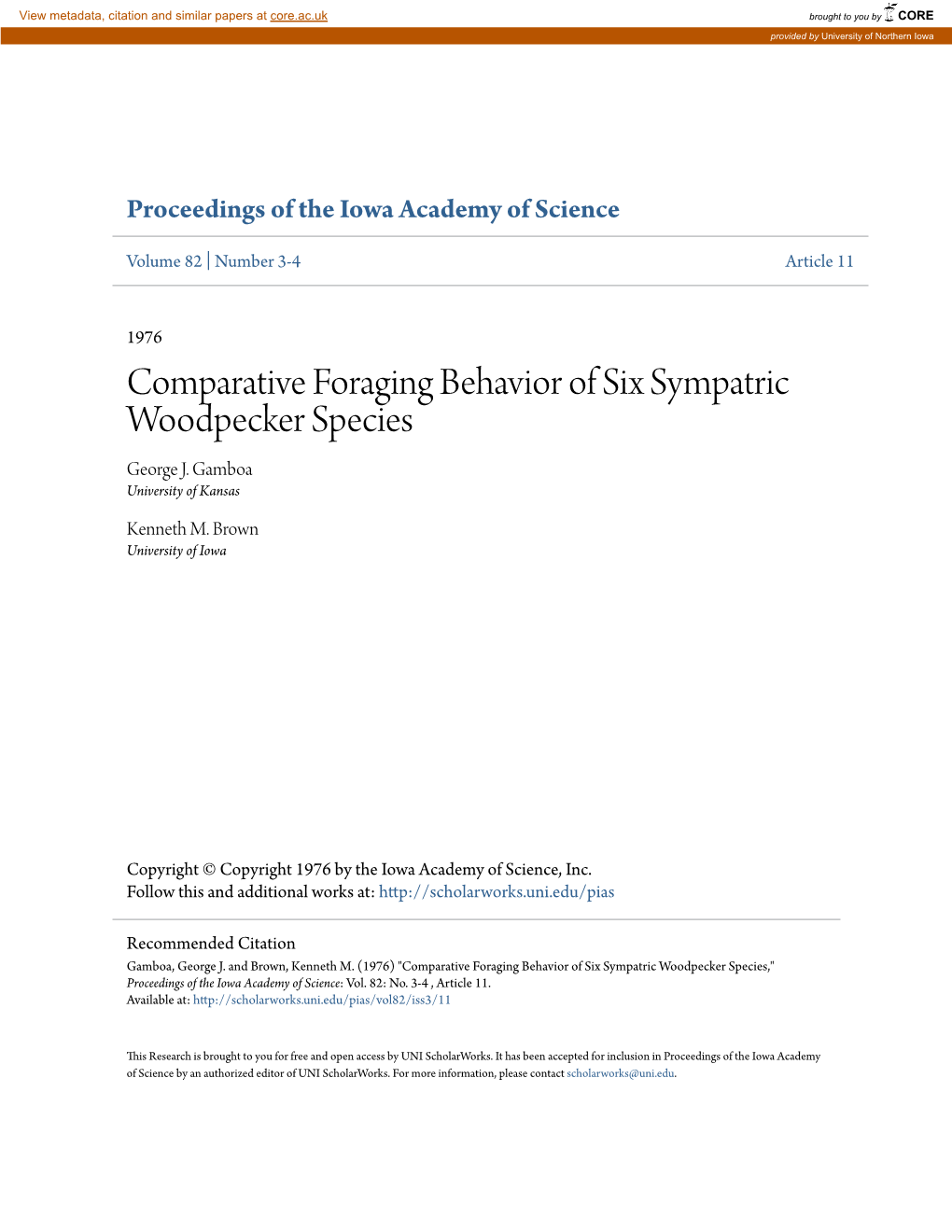 Comparative Foraging Behavior of Six Sympatric Woodpecker Species George J