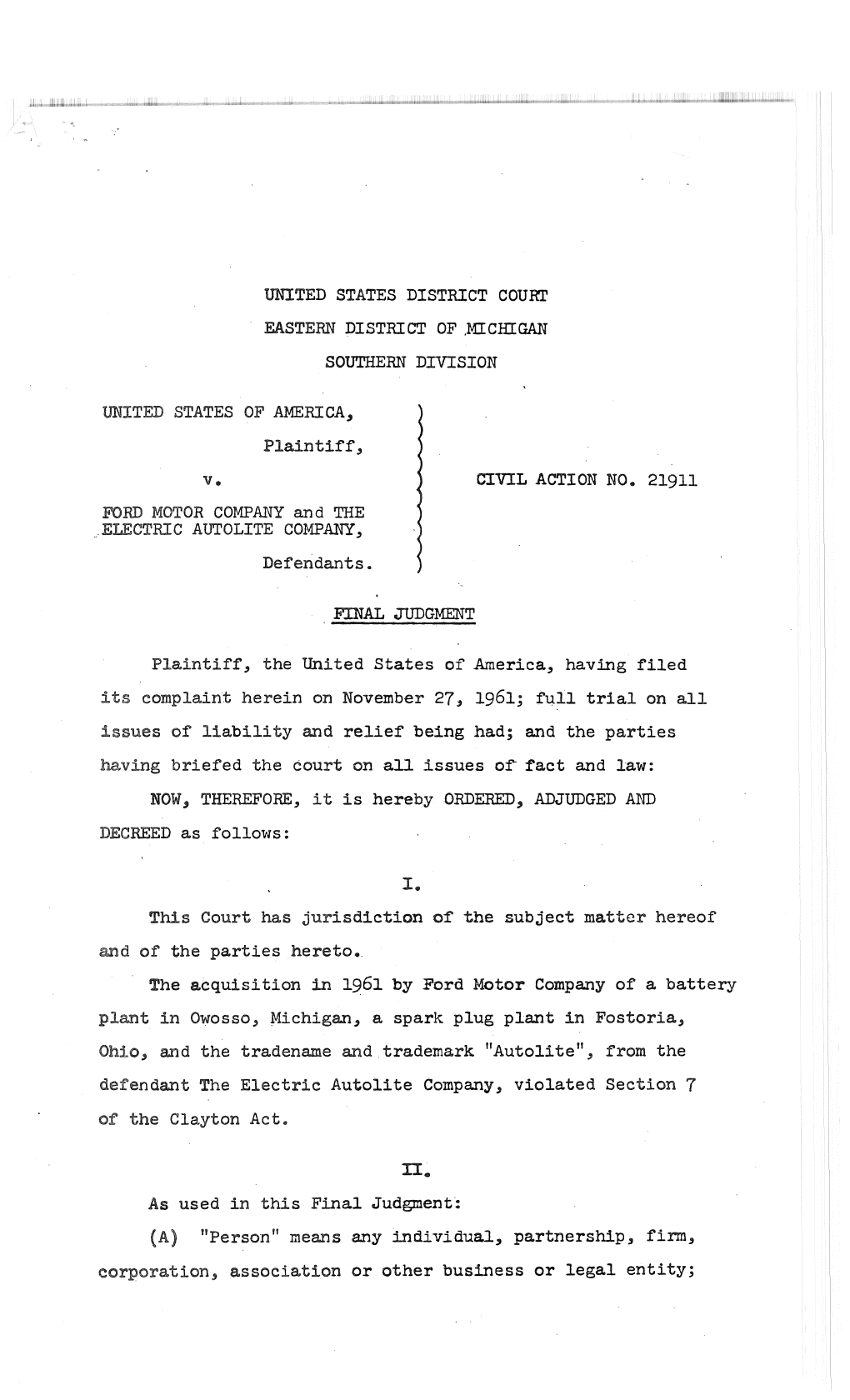 Final Judgment: U.S. V. Ford Motor Company and the Electric Autolite