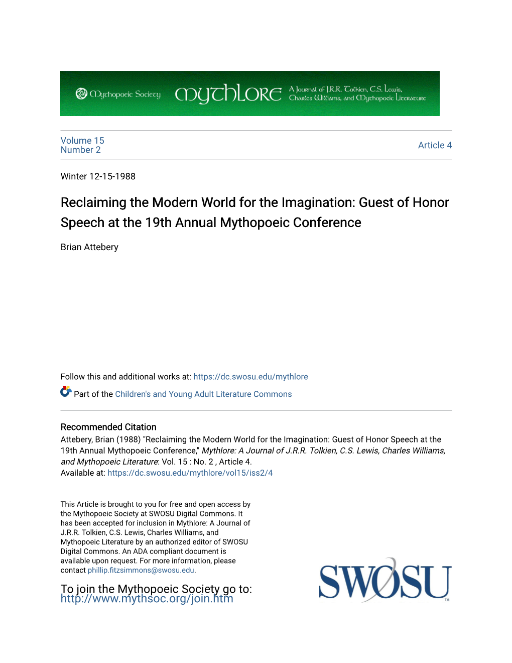 Reclaiming the Modern World for the Imagination: Guest of Honor Speech at the 19Th Annual Mythopoeic Conference