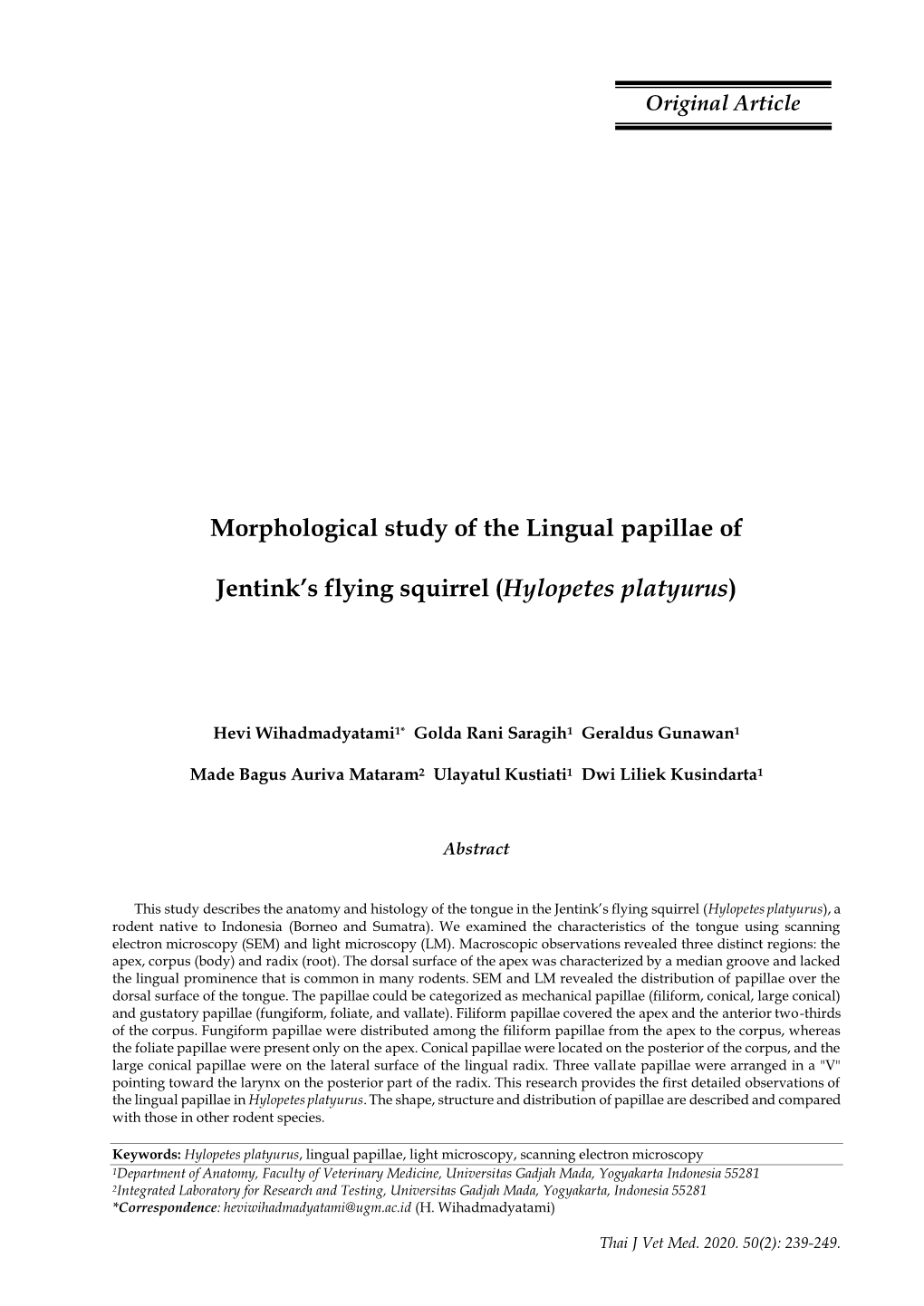 Morphological Study of the Lingual Papillae of Jentink's Flying