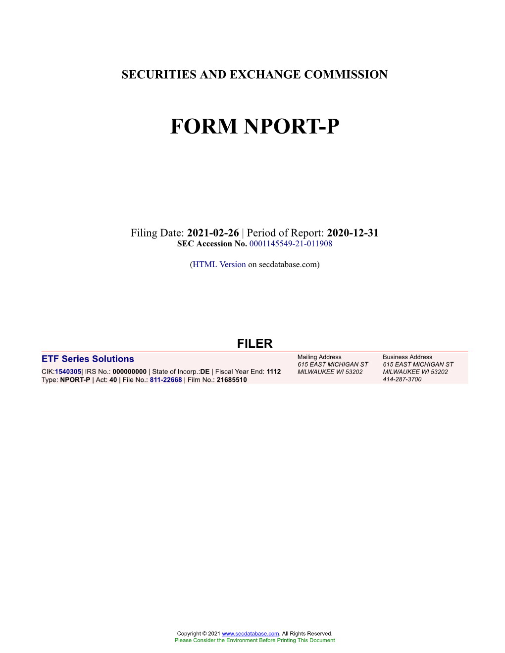 ETF Series Solutions Form NPORT-P Filed 2021-02-26