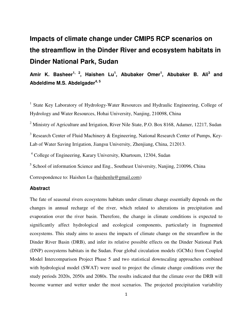 Impacts of Climate Change Under CMIP5 RCP Scenarios on the Streamflow in the Dinder River and Ecosystem Habitats in Dinder National Park, Sudan