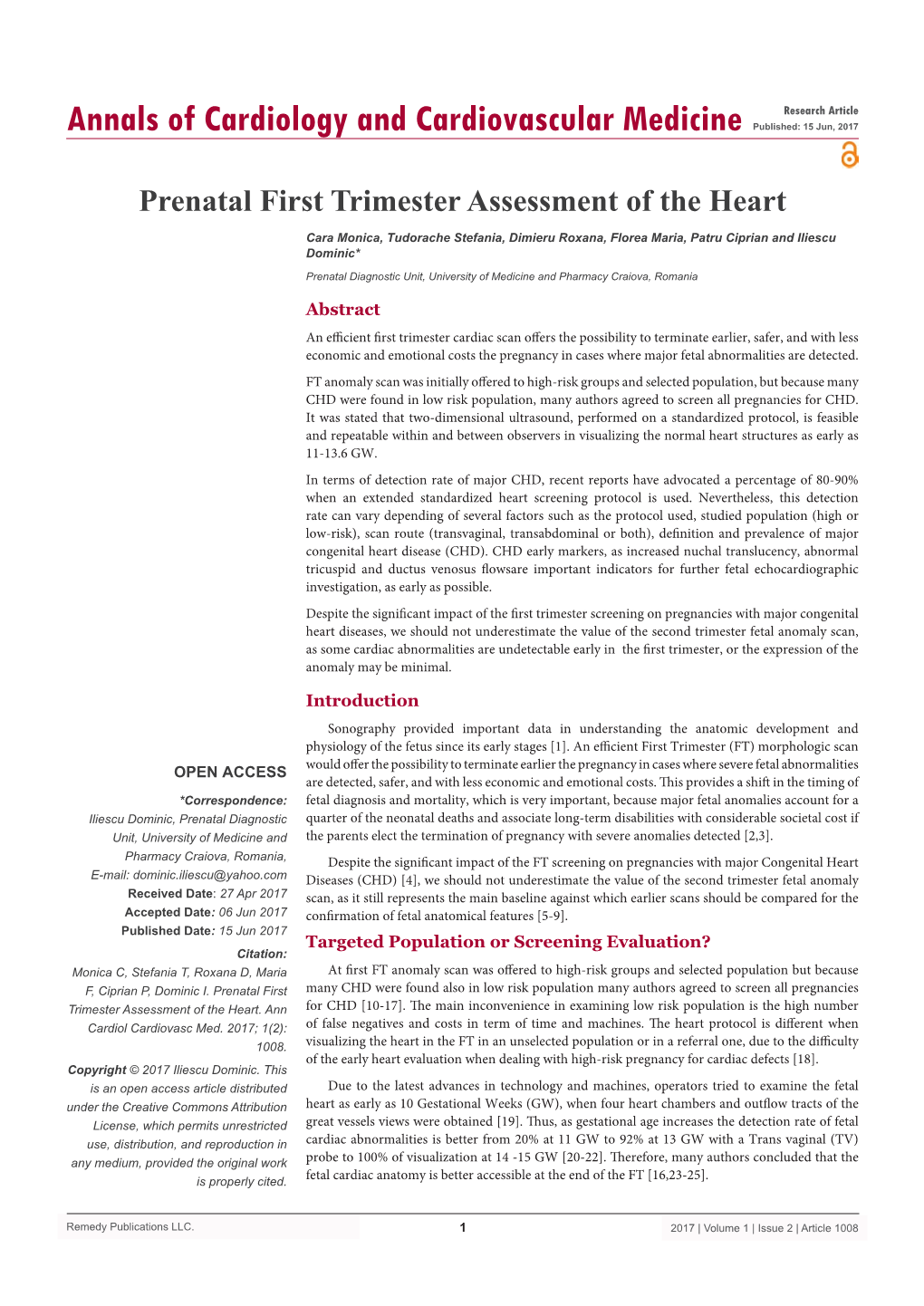 Prenatal First Trimester Assessment of the Heart