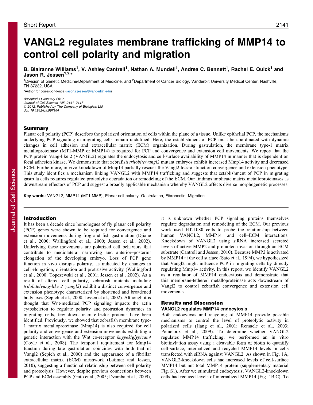 VANGL2 Regulates Membrane Trafficking of MMP14 to Control Cell Polarity and Migration