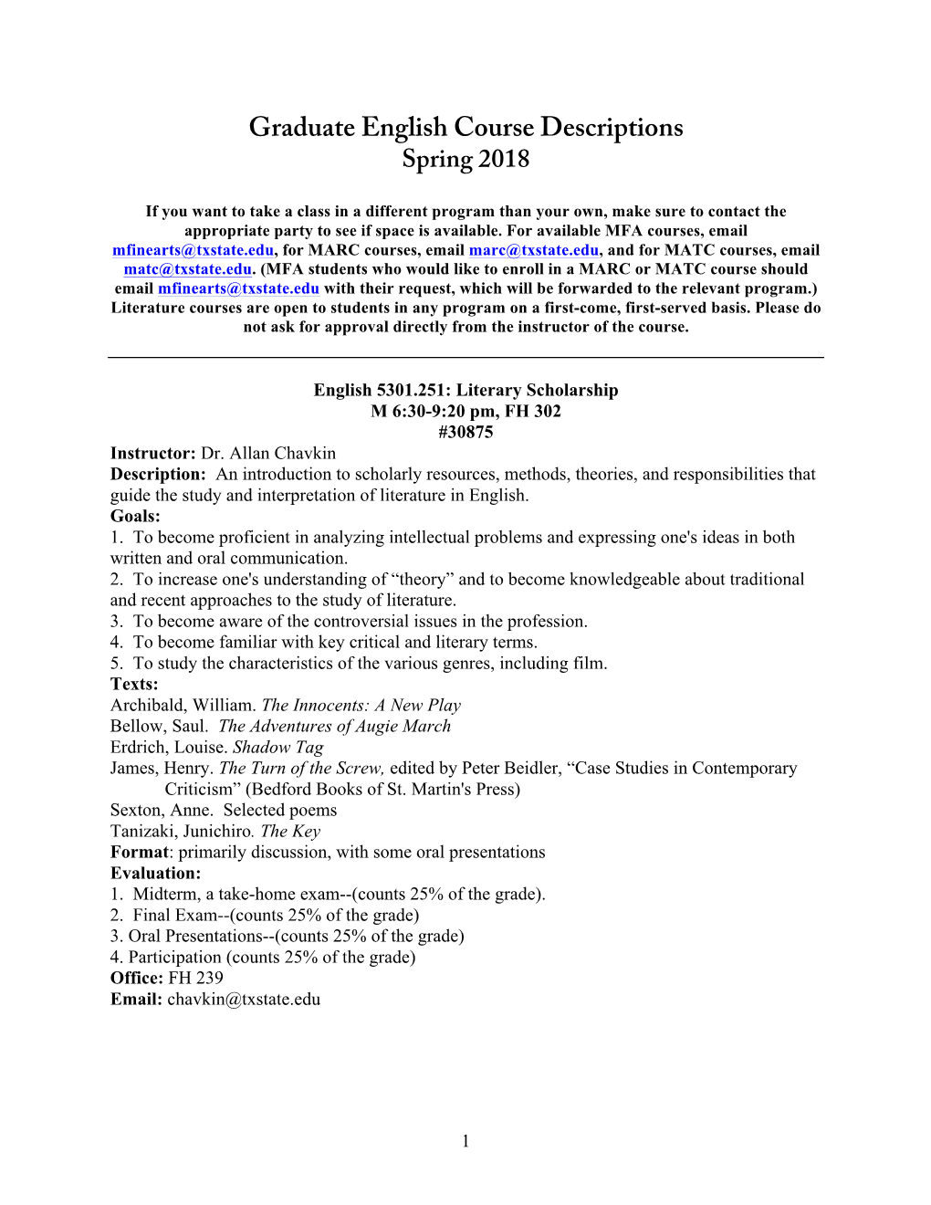 Graduate English Course Descriptions Spring 2018
