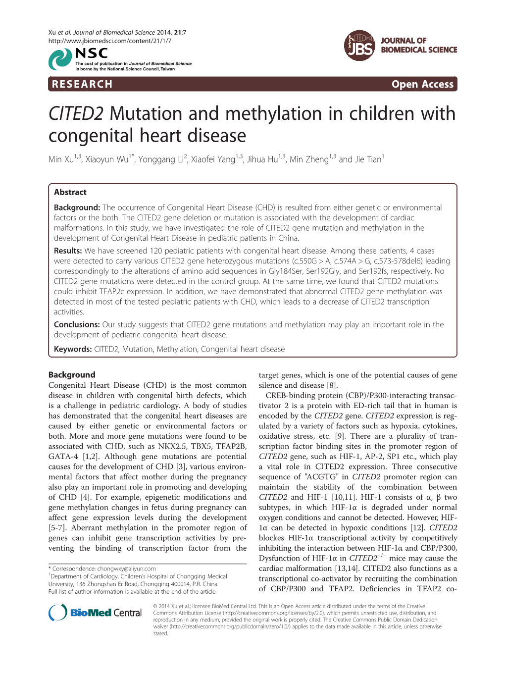 CITED2 Mutation and Methylation in Children with Congenital Heart Disease