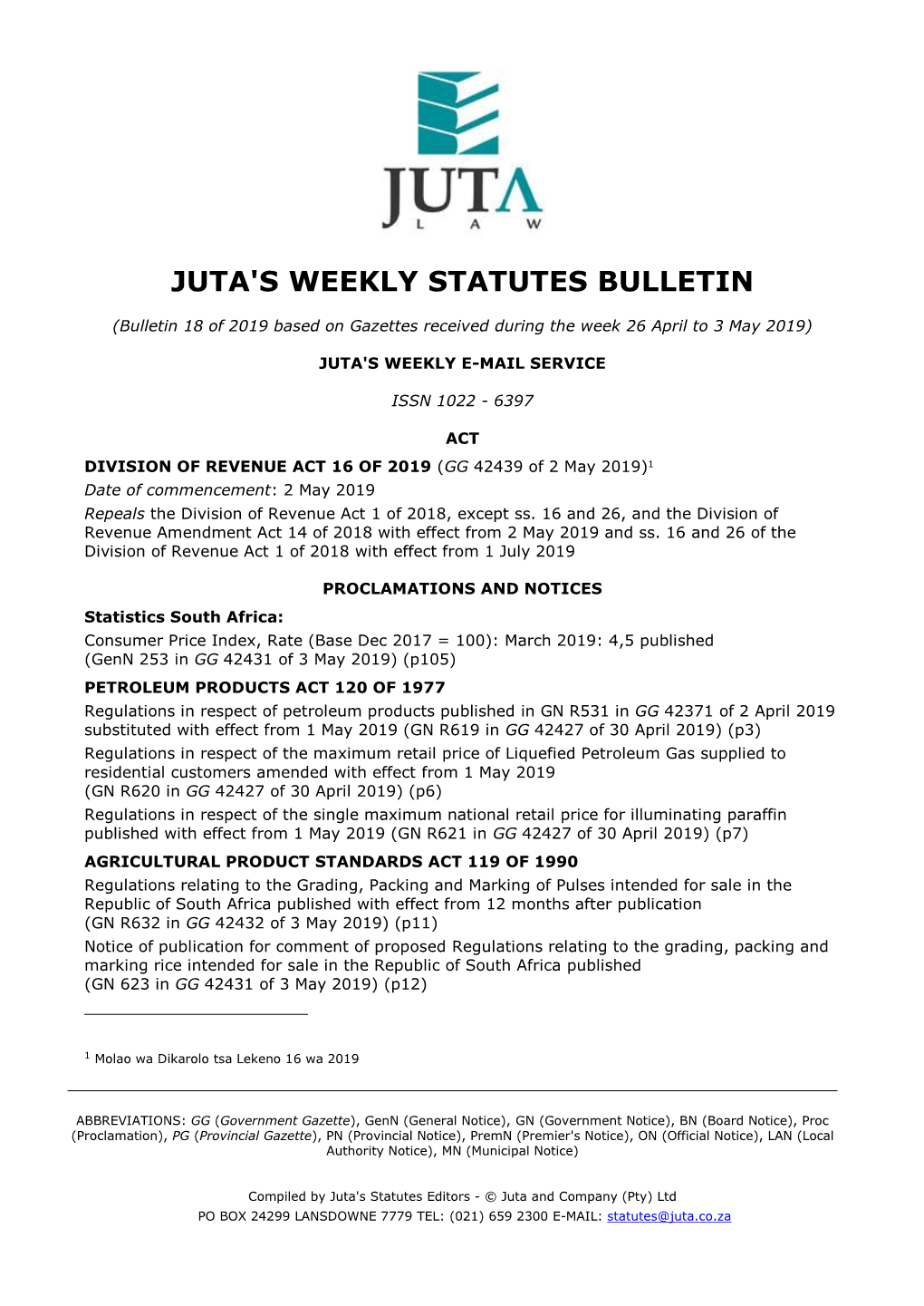 Juta's Weekly Statutes Bulletin