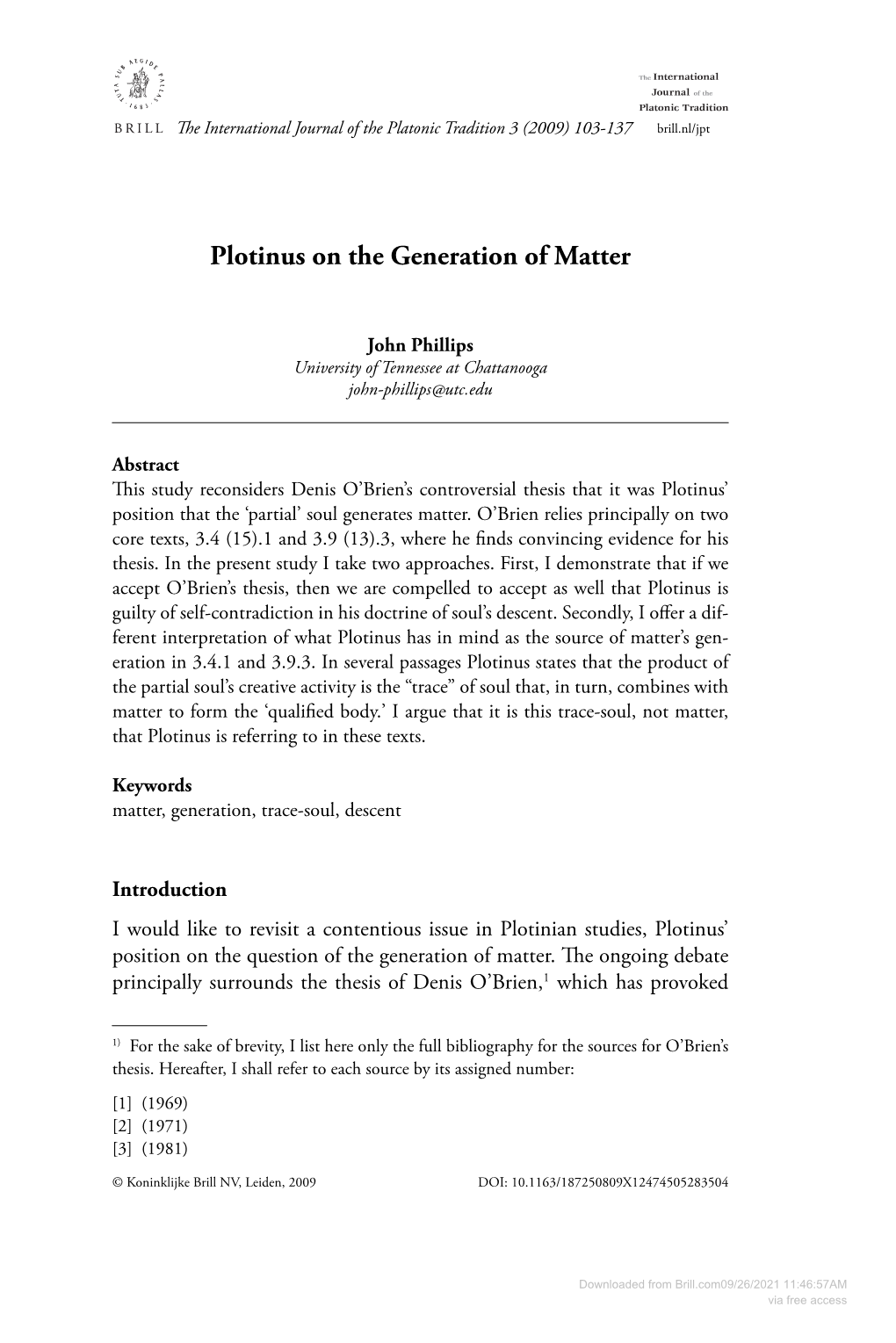 Plotinus on the Generation of Matter