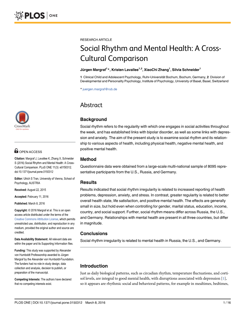 Social Rhythm and Mental Health: a Cross- Cultural Comparison