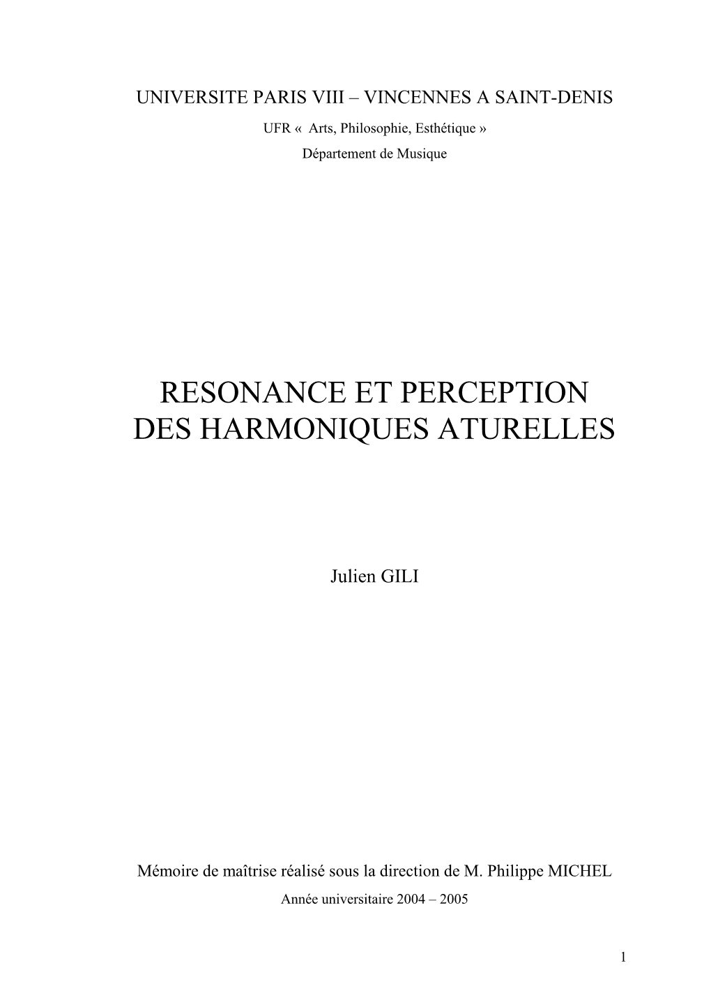 Résonance Et Perception Des Harmoniques Naturelles