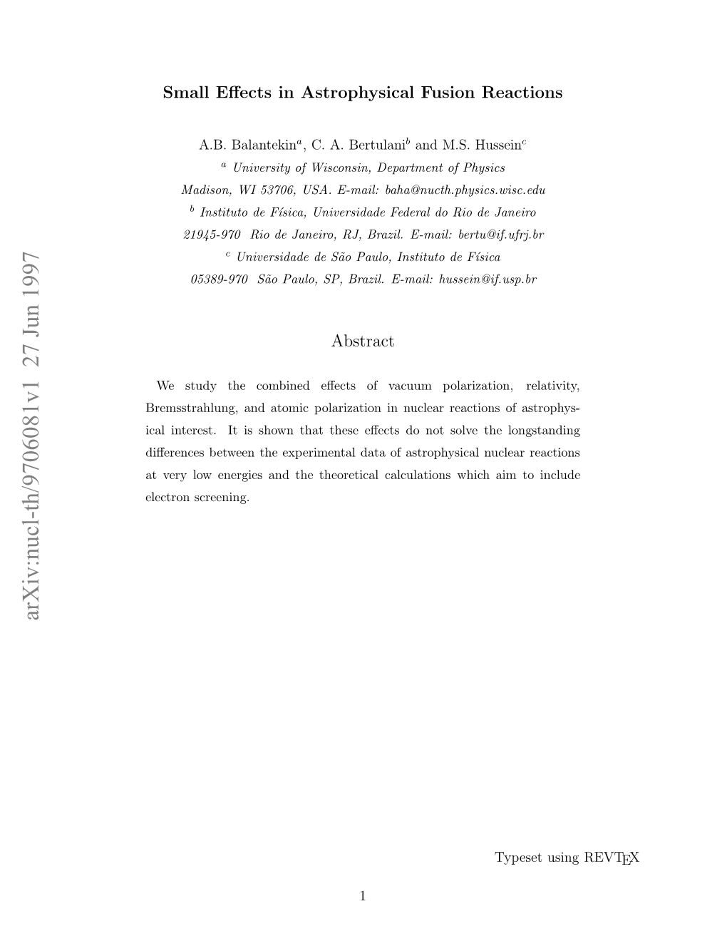 Arxiv:Nucl-Th/9706081V1 27 Jun 1997 Tvr O Nrisadtetertclcluain Which Calculations Theoretical Lo the the Screening