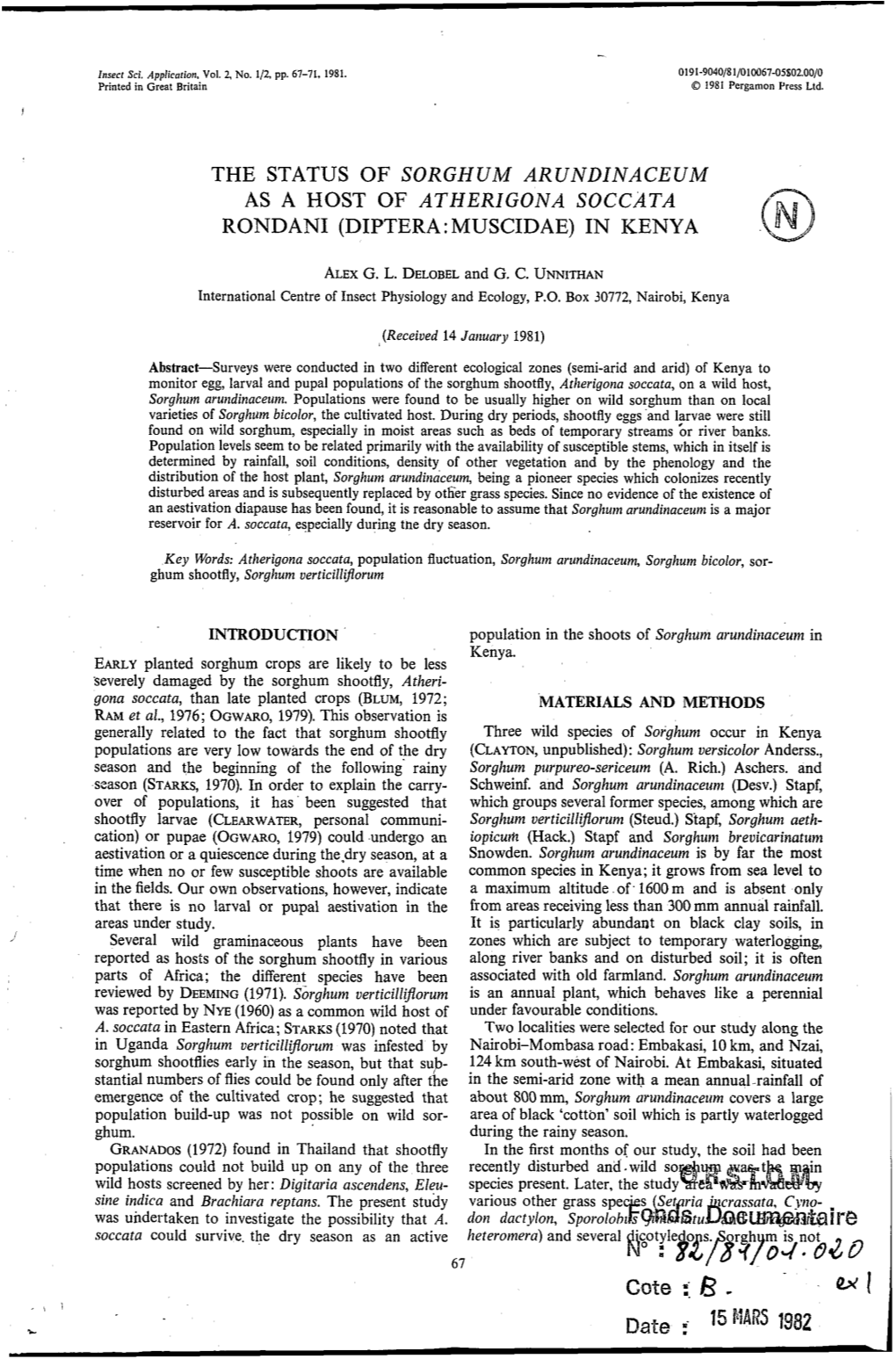 The Status of Sorghum Arundinaceum As a Host of Atherigona Soccata Rondan1 (Diptera:Muscidae) in Kenya