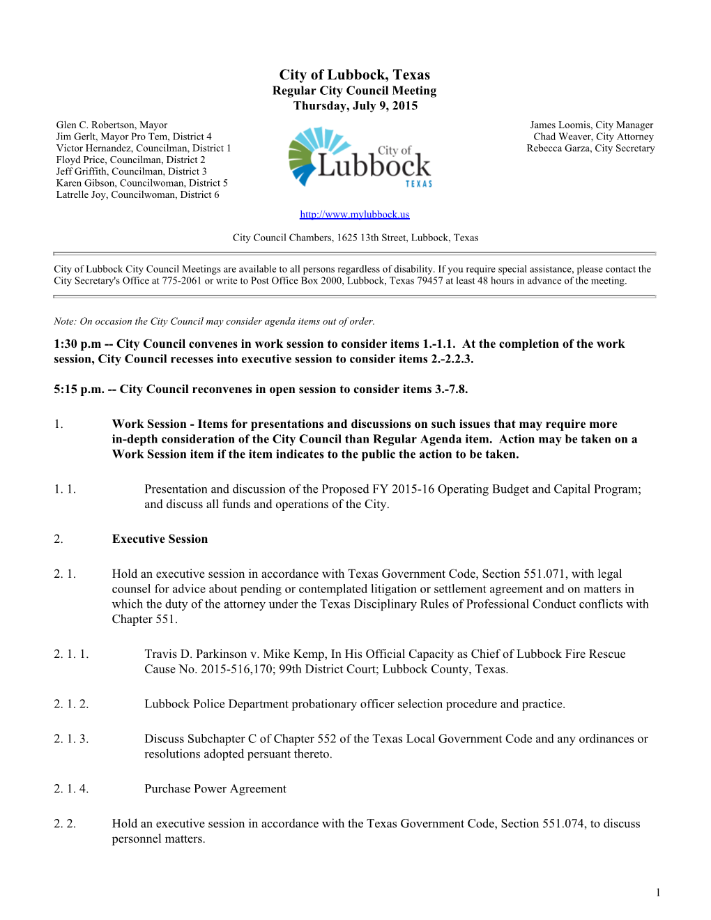 City of Lubbock, Texas Regular City Council Meeting Thursday, July 9, 2015 Glen C