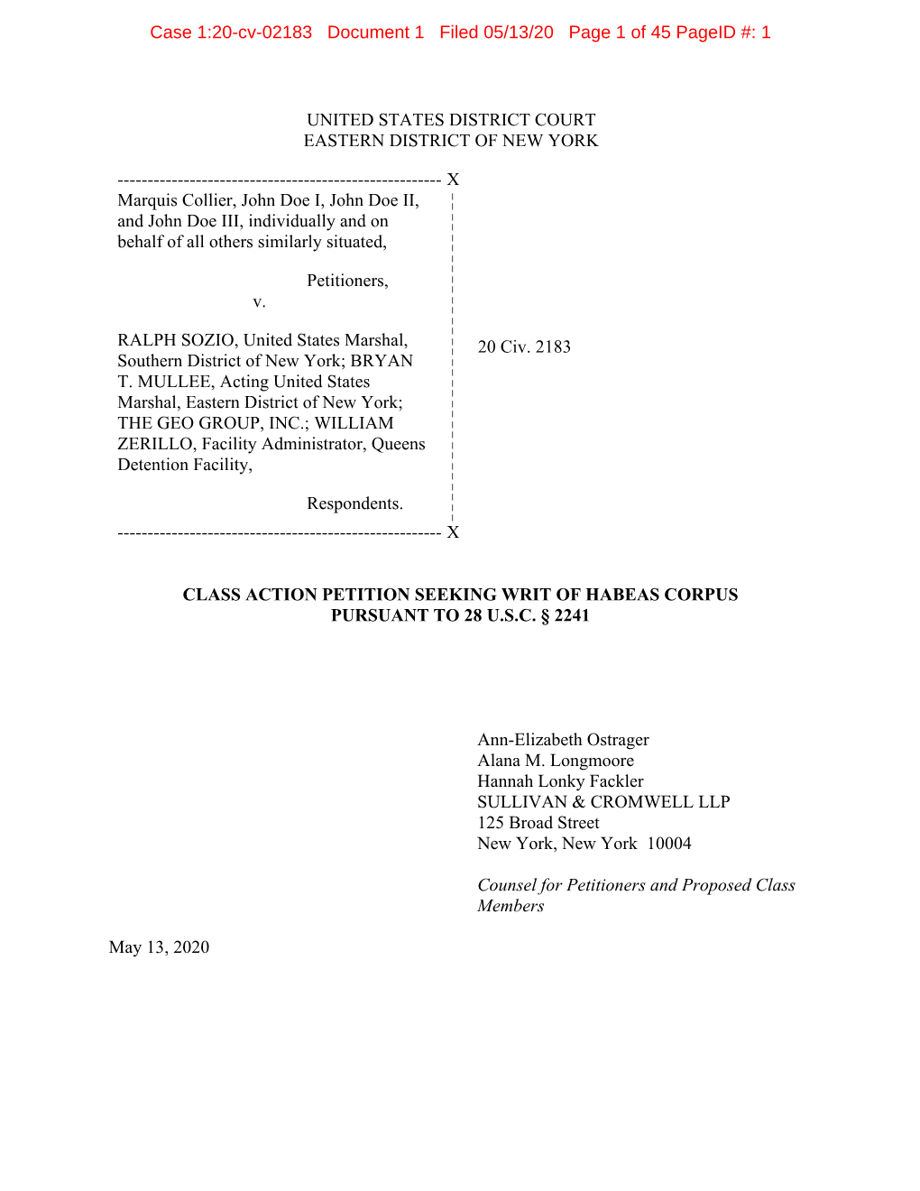 X Marquis Collier, John Doe I, John Doe II, ¦ and John Doe III, Individually and on ¦ Behalf of All Others Similarly Situated, ¦ ¦ Petitioners, ¦ V