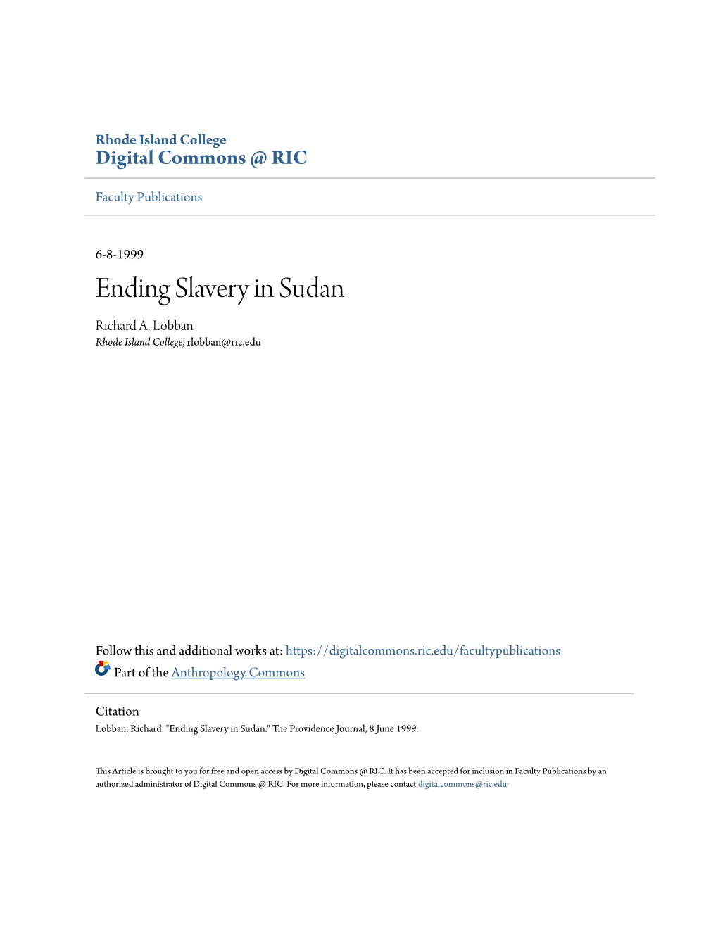 Ending Slavery in Sudan Richard A