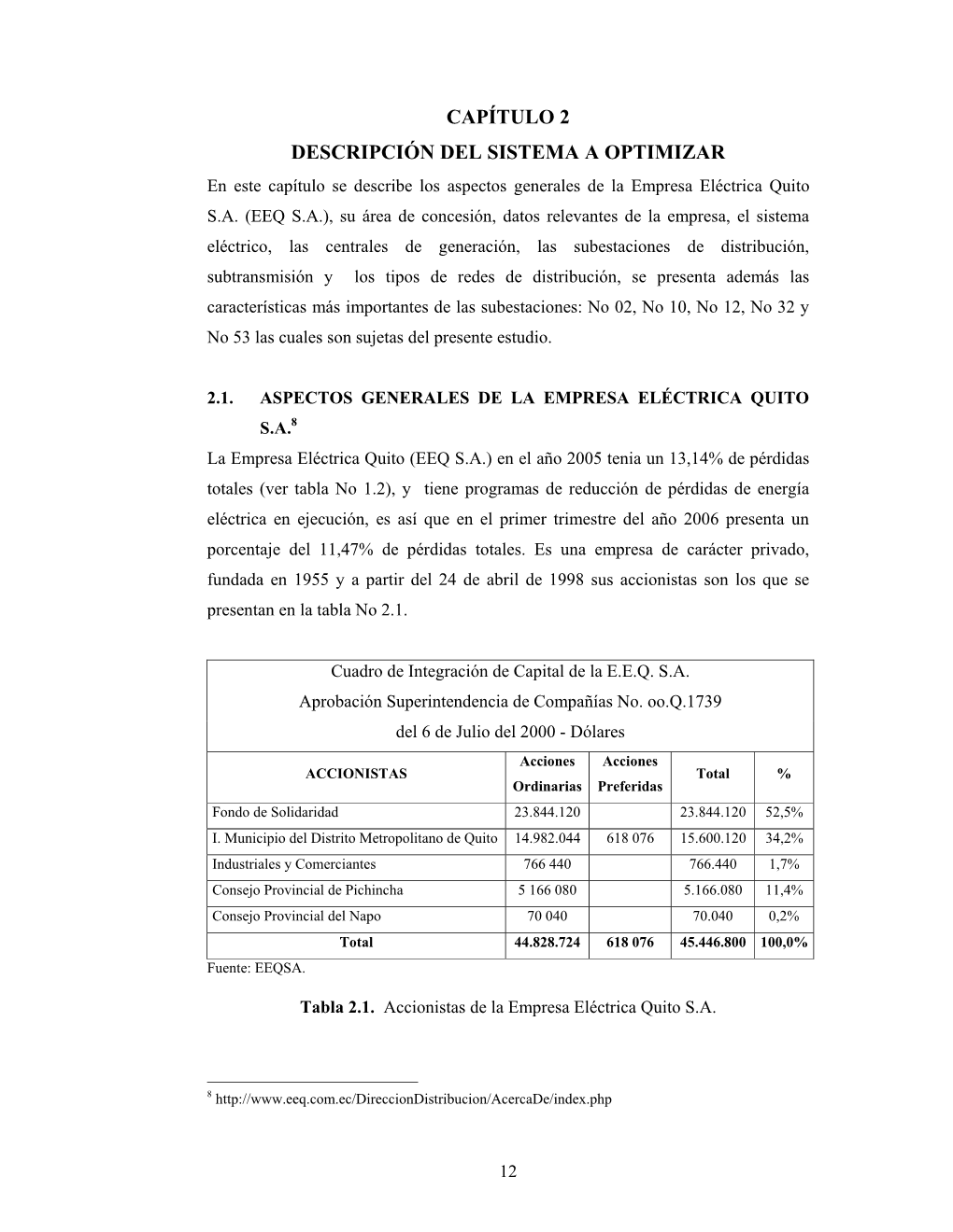 CAPÍTULO 2 DESCRIPCIÓN DEL SISTEMA a OPTIMIZAR En Este Capítulo Se Describe Los Aspectos Generales De La Empresa Eléctrica Quito S.A