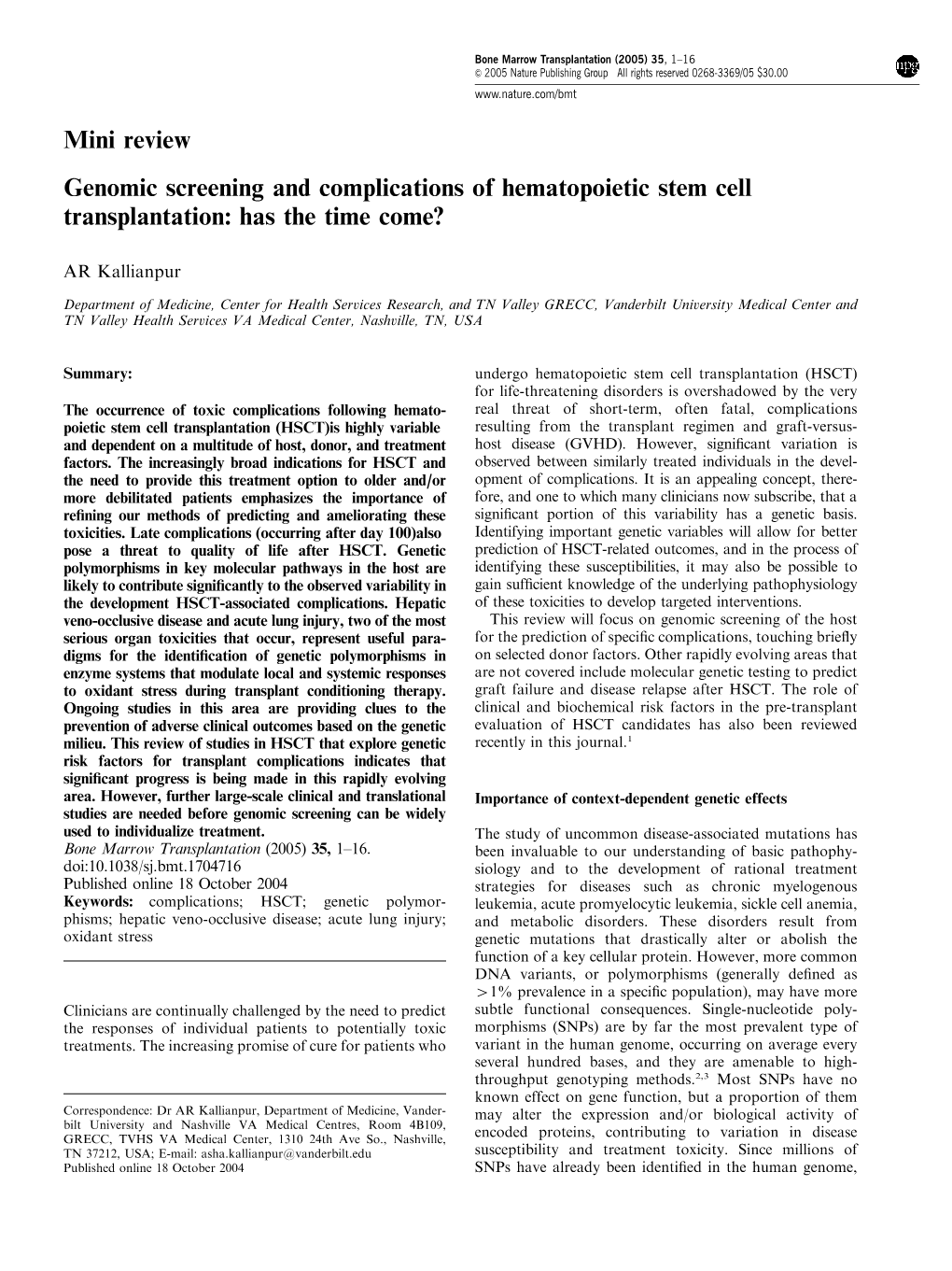 Mini Review Genomic Screening and Complications of Hematopoietic Stem Cell Transplantation: Has the Time Come?