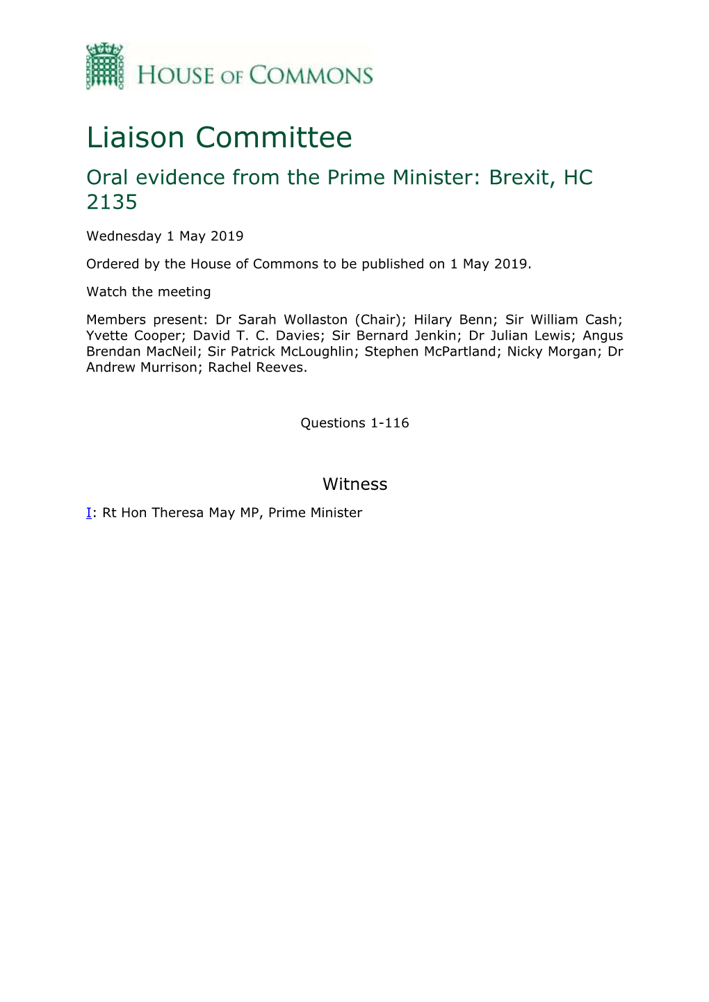 Oral Evidence from the Prime Minister: Brexit, HC 2135