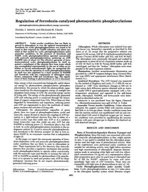 Regulation of Ferredoxin-Catalyzed Photosynthetic Phosphorylations (Photophosphorylation/Photosynthesis/Energy Conversion) DANIEL I