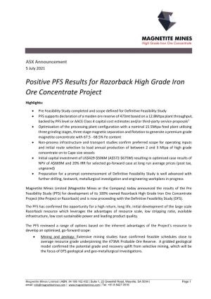 Positive PFS Results for Razorback High Grade Iron Ore Concentrate Project