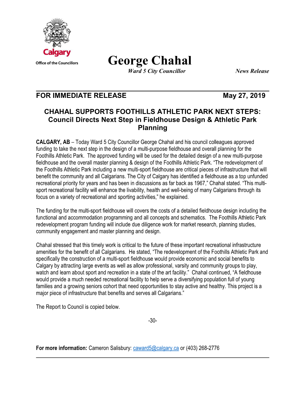 George Chahal Ward 5 City Councillor News Release