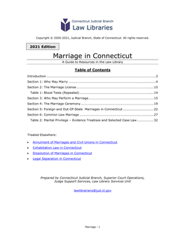 Marriage in Connecticut a Guide to Resources in the Law Library